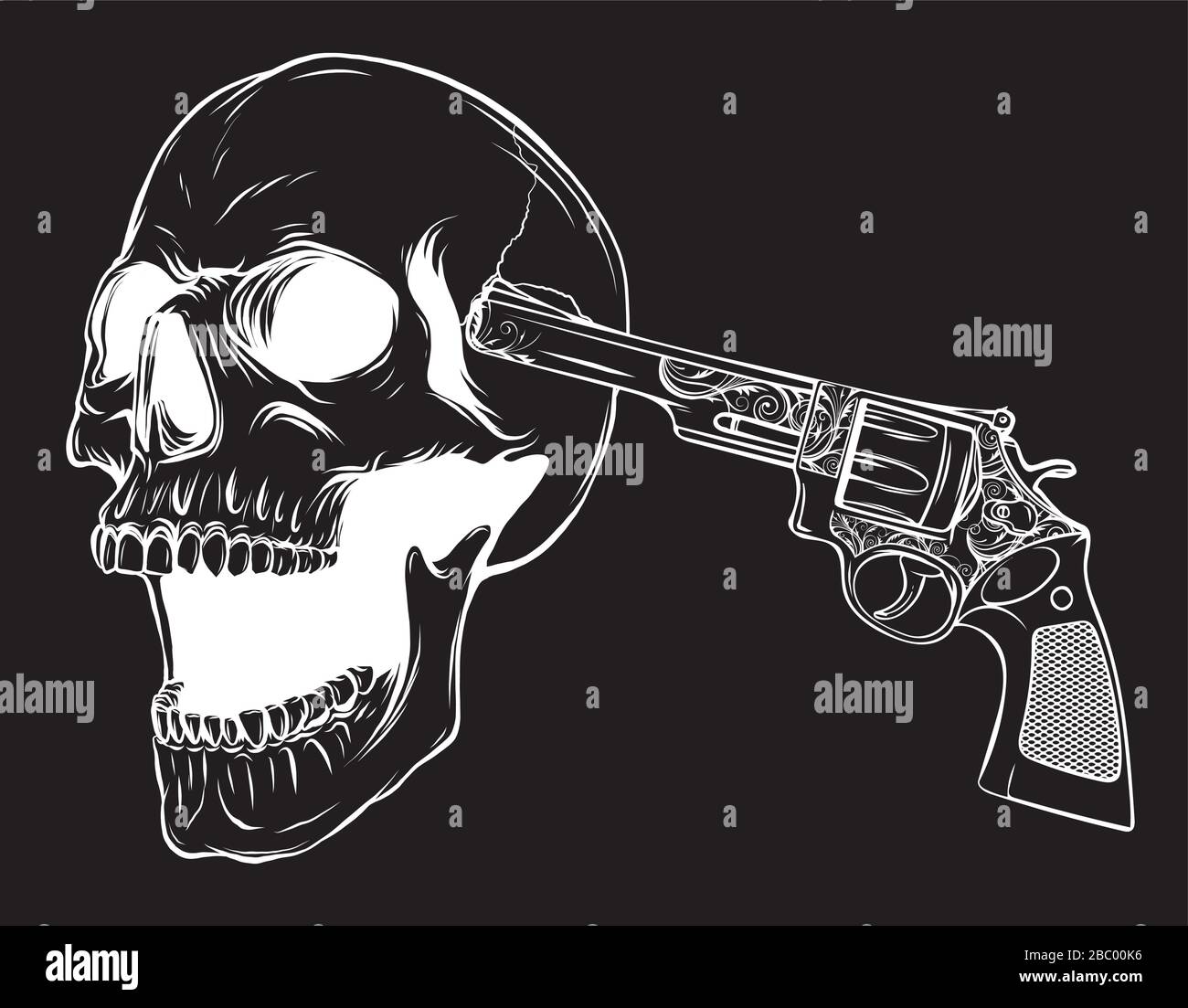 Vector Suizid Schädel mit Pistole in schwarzem Hintergrund Stock Vektor