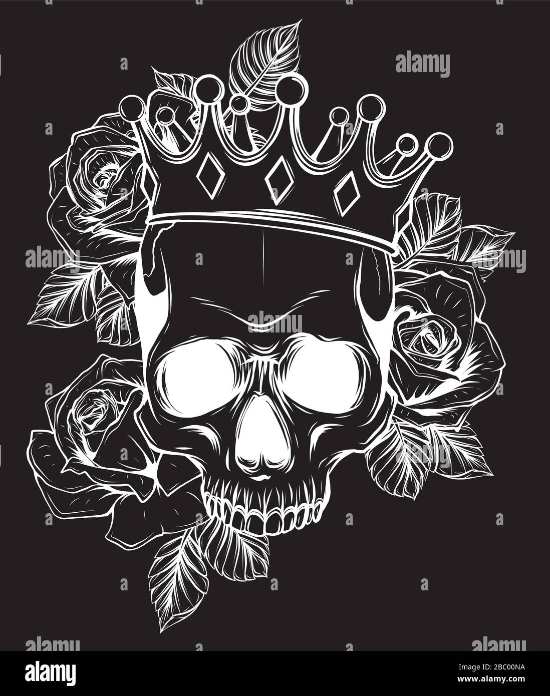 Vektor-Illustration Totenkopfes in Krone mit Rosen im schwarzen Hintergrund Stock Vektor