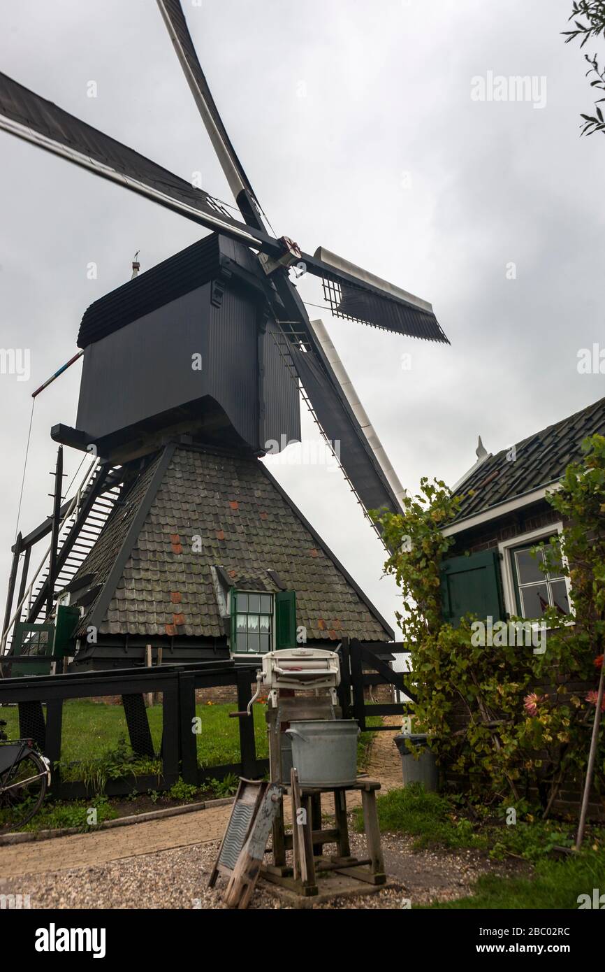 Die Blokweer Polder Windmühle (1631), Kinderdijk, UNESCO-Weltkulturerbe, Südholland, Niederlande: Vom produktiven Gemüsegarten Stockfoto