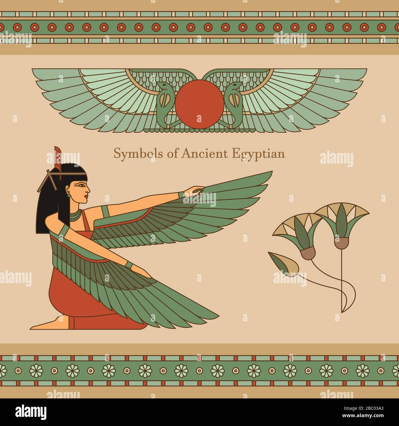 Symbole des alten Ägypten mit einer Illustration einer Frau mit Flügeln, lotus und anderen Symbolen Stock Vektor