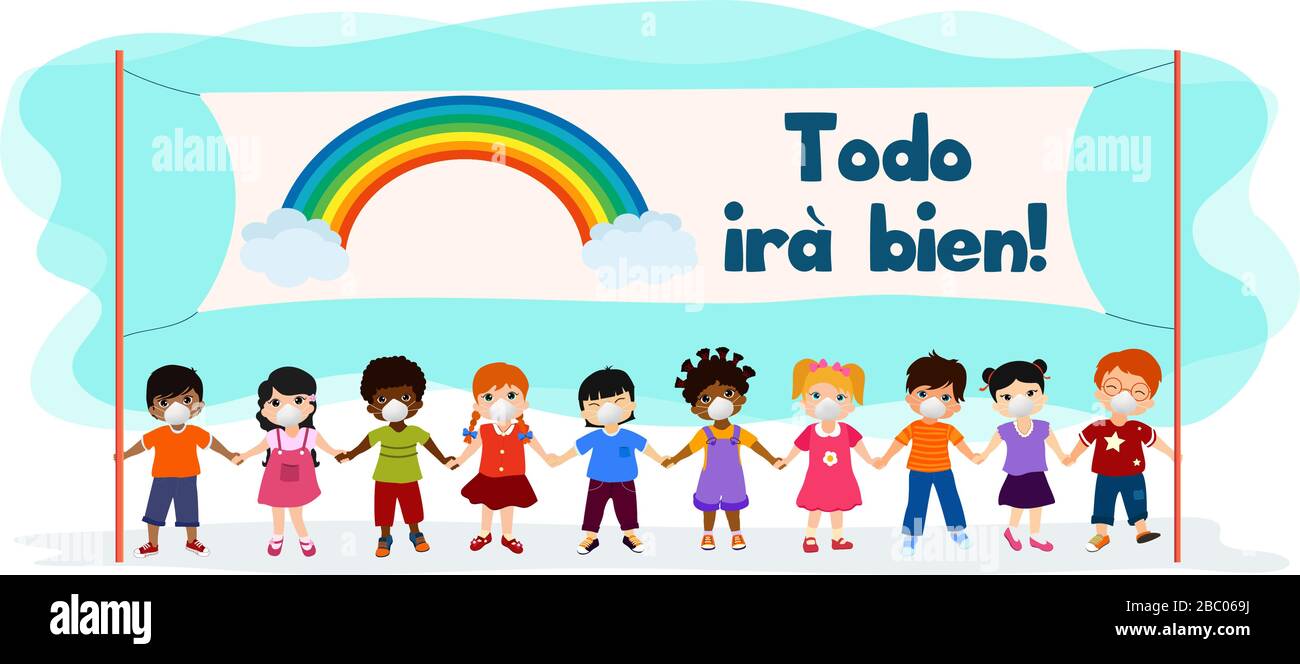 Gruppe von Kindern aus mehreren ethnischen Gruppen verschiedene Kulturen mit medizinischer Maske, die ein Banner für die soziale Kampagne im spanischen "todo ira bien" hält. Coronavirus Stock Vektor