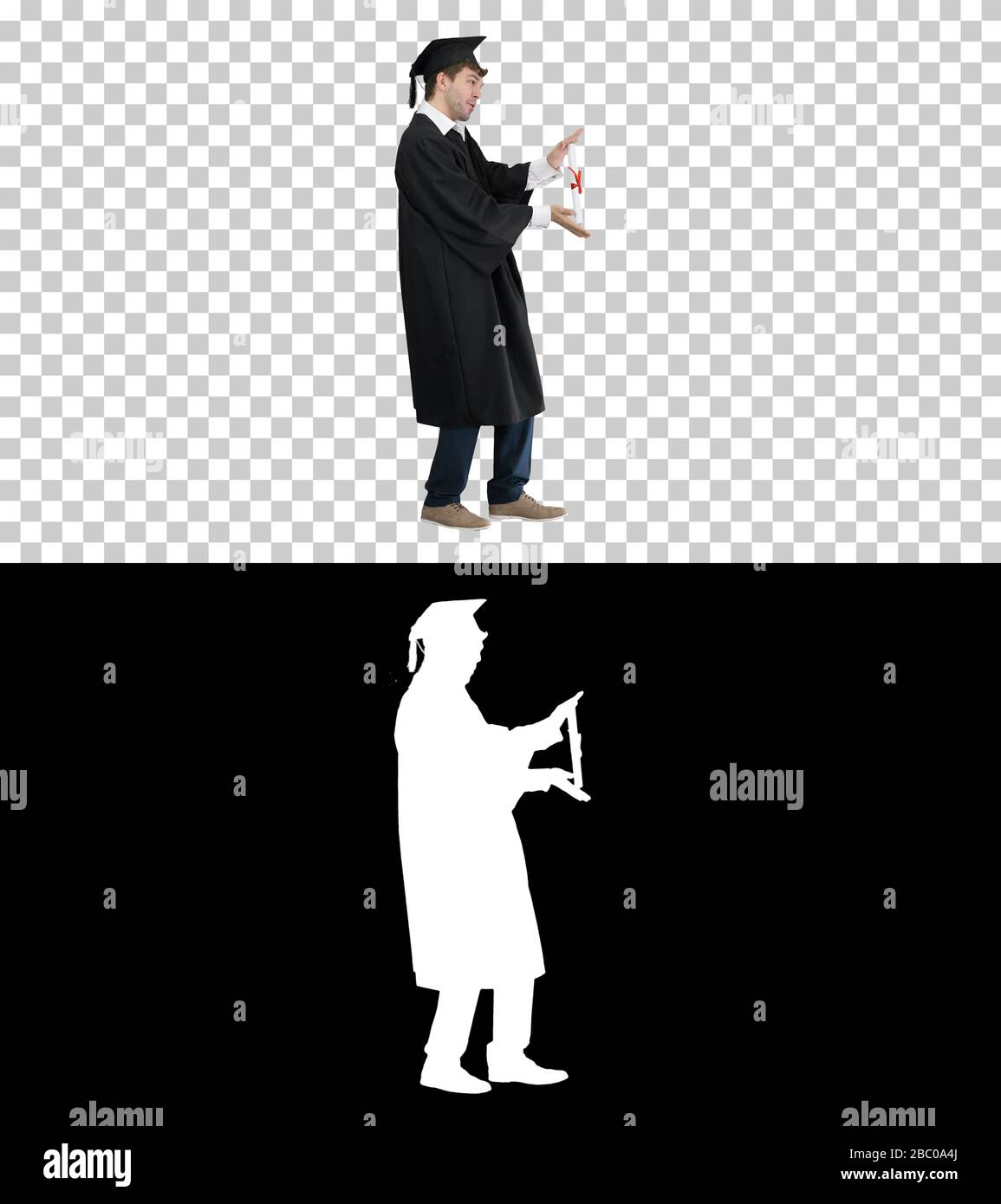 Mann in Graduierung posiert für die Kamera, Alpha Channel Stockfoto