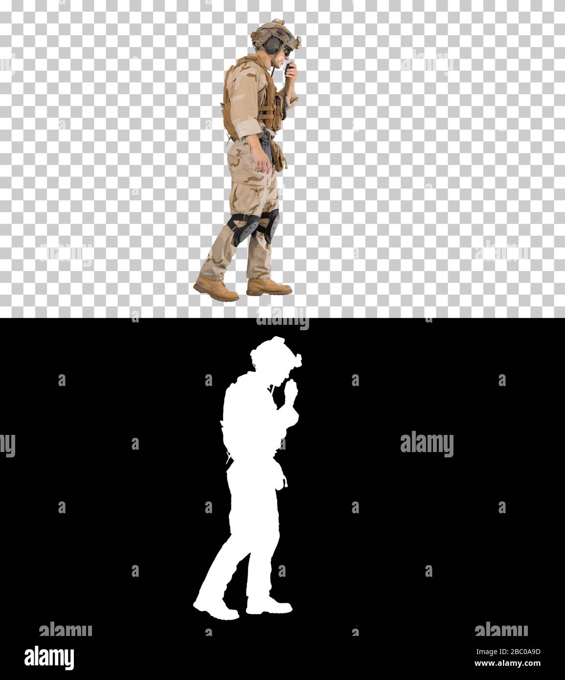 Militärmann Marine Walking und mit Radio, Alpha Channel Stockfoto