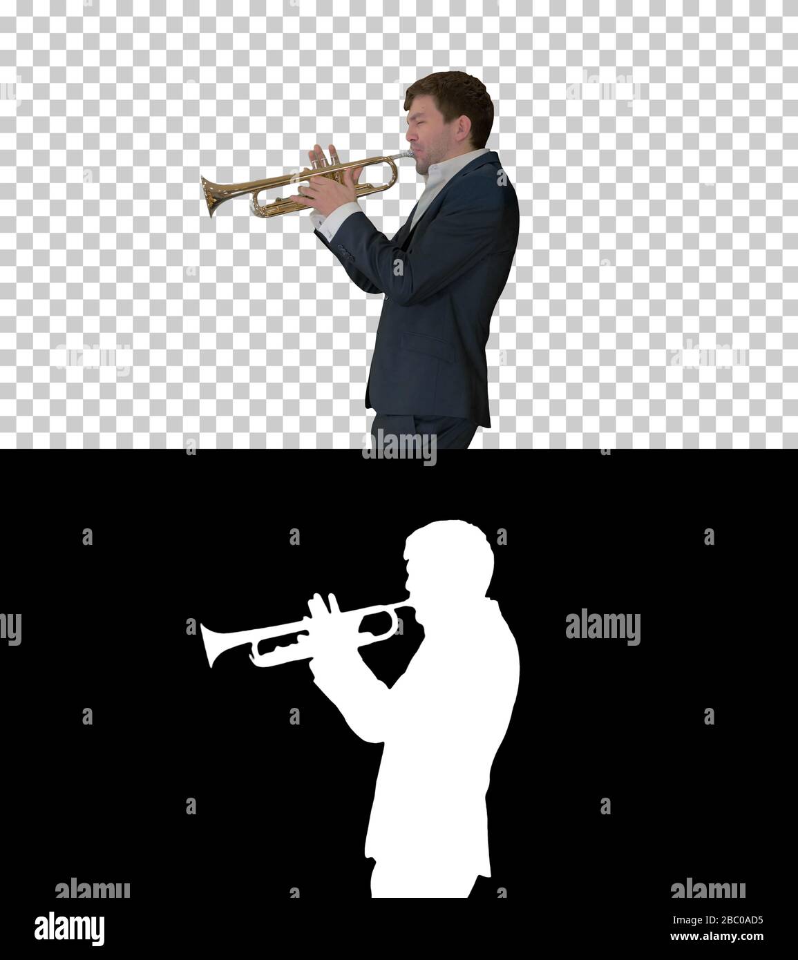 Mann im Anzug stehend Trompete spielen, Alpha Channel Stockfoto