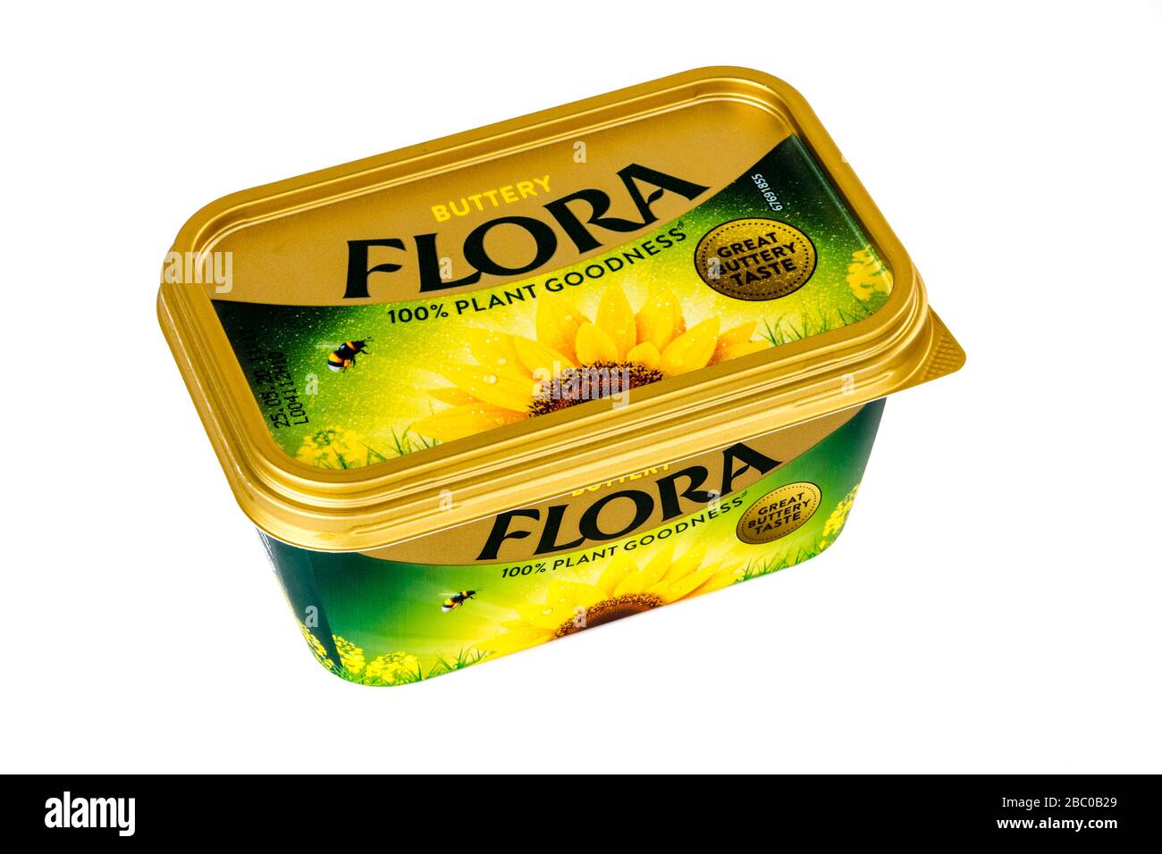 Flora-Margarine, Flora-Margarine-Wanne, Margarinebrub, Flora-Buttery, Flora, Margarine, Wanne, Marke, Logo, Flora-Butter, weißer Hintergrund, Kopierraum, Stockfoto