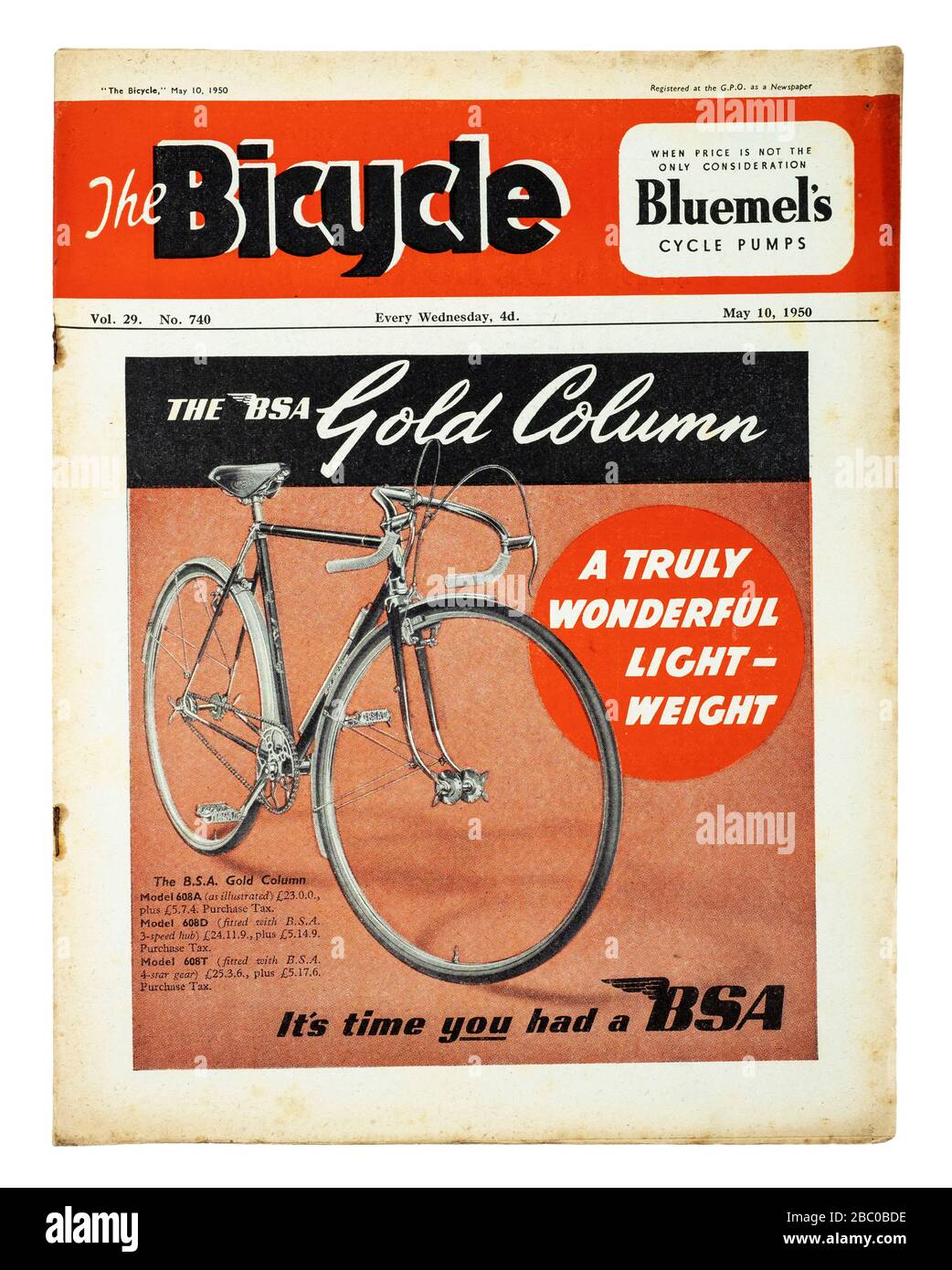 Britisches Magazin "The Bicycle" aus dem Mai 1950, das auf dem vorderen Cover das Rennrad "Gold Column" der BSA wirbt Stockfoto
