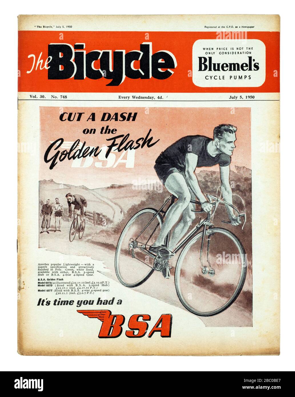 Oldtimer-britisches Radfahrmagazin "The Bicycle" vom Juli 1950 Stockfoto