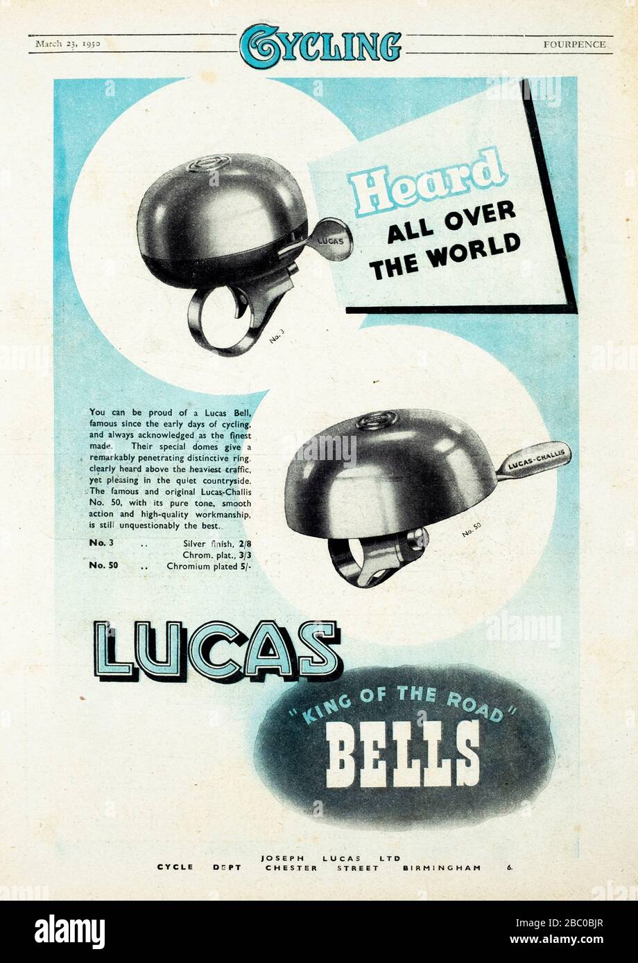 Britisches Magazin "Cycling" aus dem März 1950 mit Werbung für Lucas Cycle Bells auf dem vorderen Cover Stockfoto