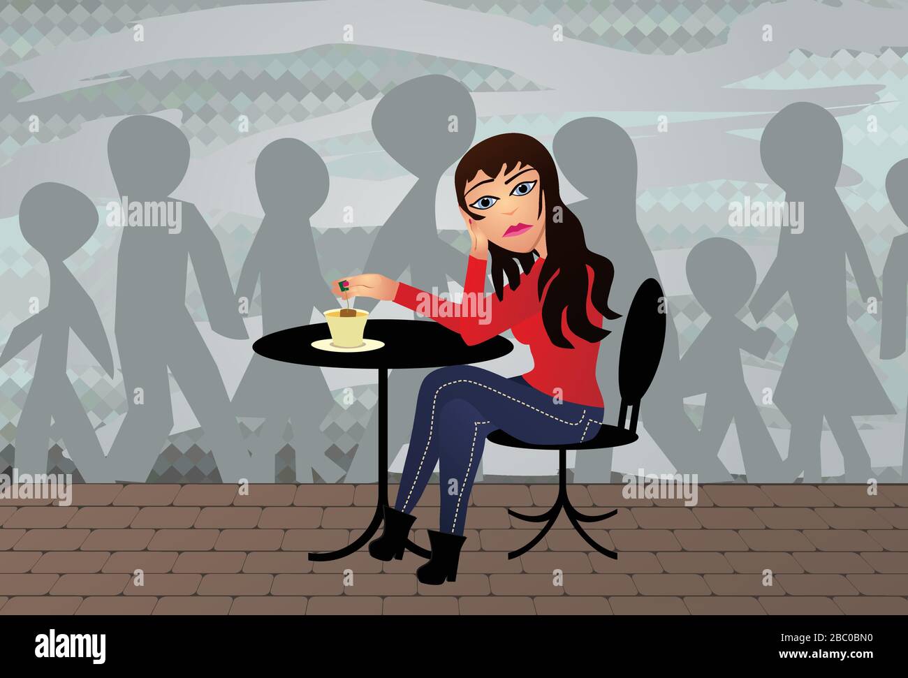 Mädchen sitzt allein in einem Café traurig Stock Vektor