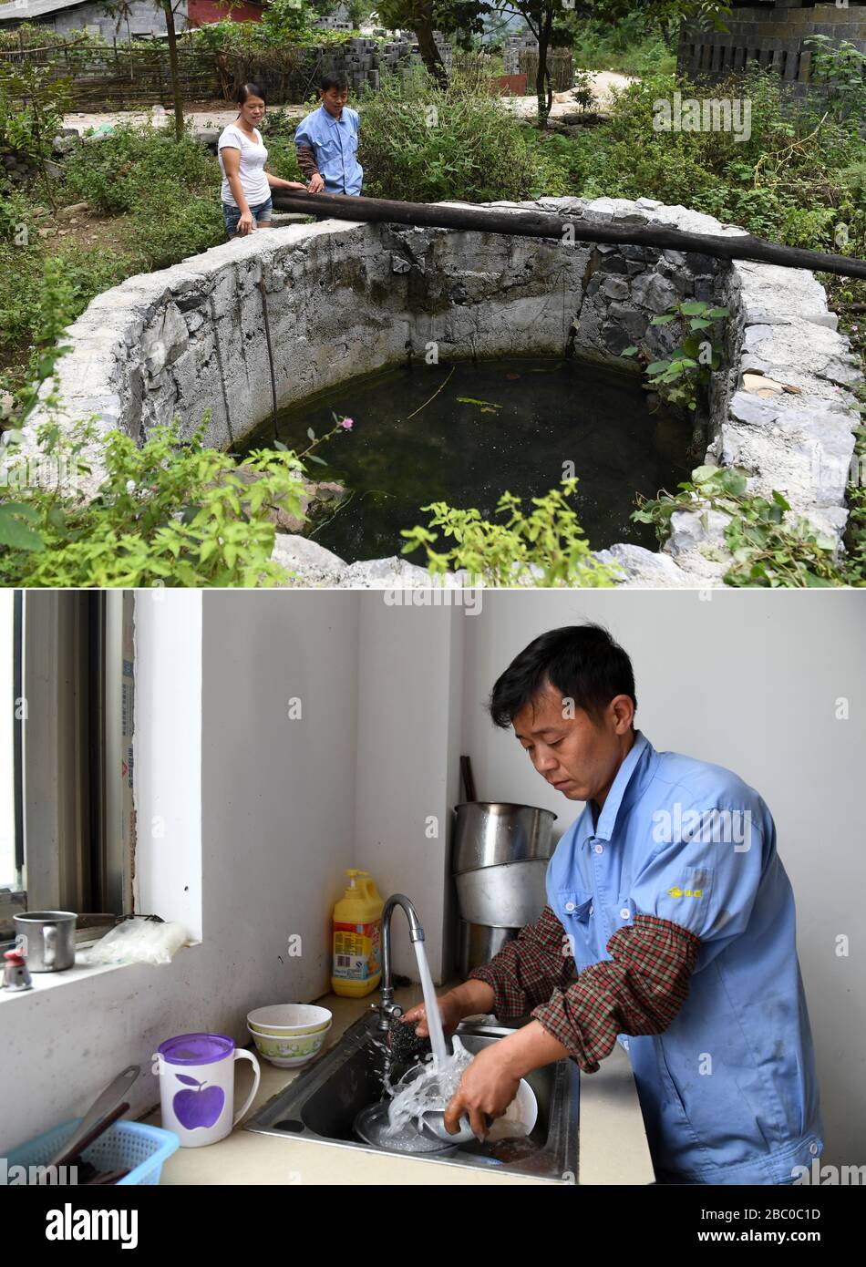 (200402) -- NANNING, 2. April 2020 (Xinhua) -- Combo-Foto zeigt den Dorfbewohner Yuan Chaoqiang und seine Frau, die den Brunnen, in dem sie Wasser zum Trinken genommen haben, betrachten (oben), Und Yuan, der die Gerichte mit Leitungswasser in seinem neuen Haus in einem armutsarmen Umsiedlungsort (unten) in der Xiaao Township des Autonomen Kreises Du'an Yao, Südchina autonomes Gebiet Guangxi Zhuang, am 12. Oktober 2017 anführt. Die Autonome Region Guangxi Zhuang, eine Schlüsselregion in Chinas Anti-Armut-Bemühungen, hat dazu geführt, dass etwa 710.000 Menschen, die während der 13. Fünfjährigen Planungsperiode aus unwirtlichen Gebieten umgesiedelt wurden, identifiziert und Akten eingerichtet wurden Stockfoto