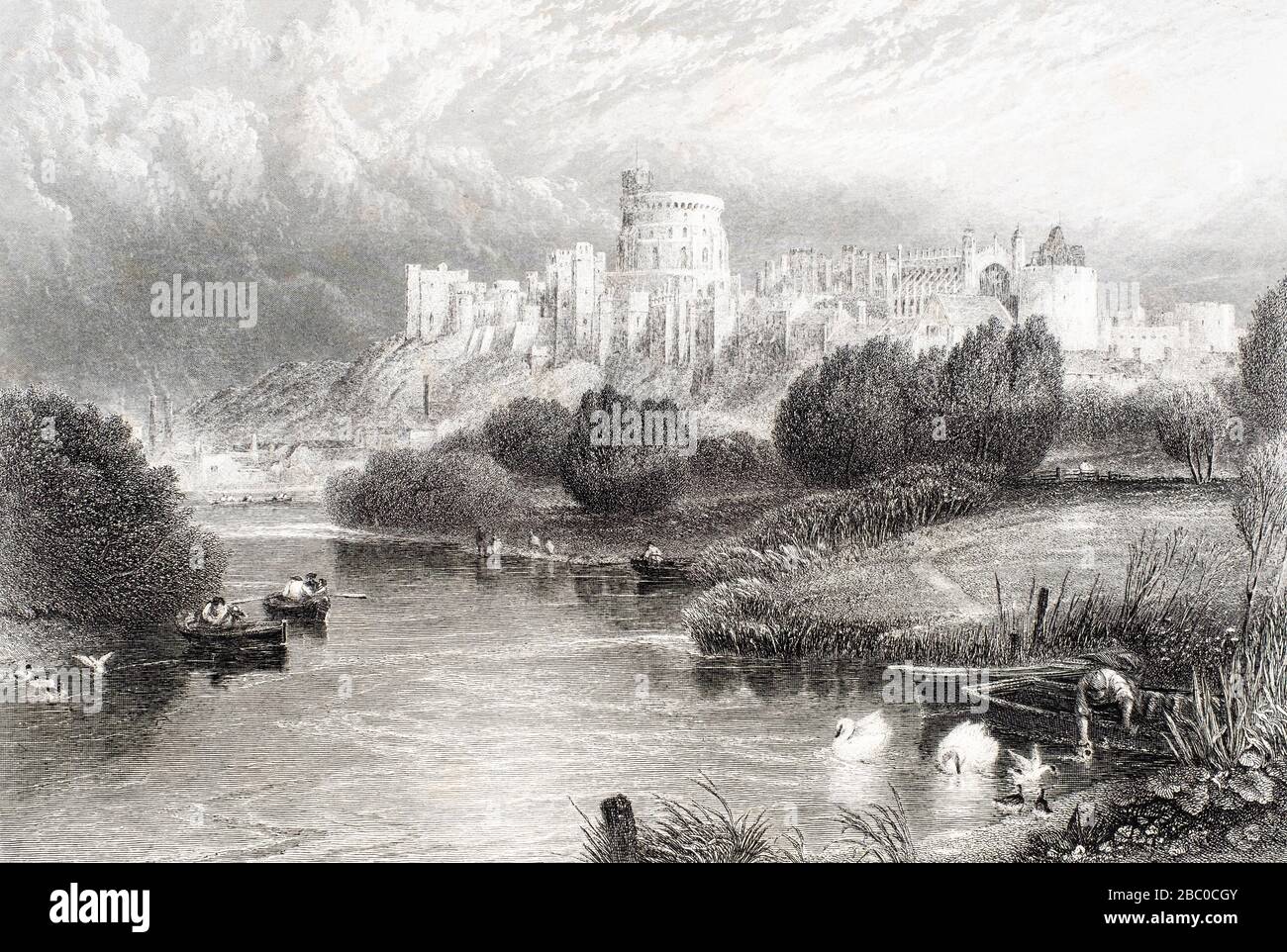 Antike Gravur von Windsor Castle von der Themse Stockfoto