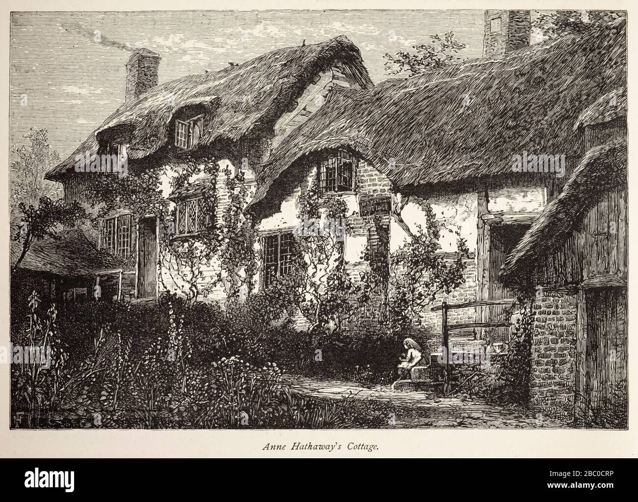 Antike Gravur des Anne Hathaway's Cottage in Sottery in der Nähe von Stratford-upon-Avon, Warwickshire, Großbritannien Stockfoto