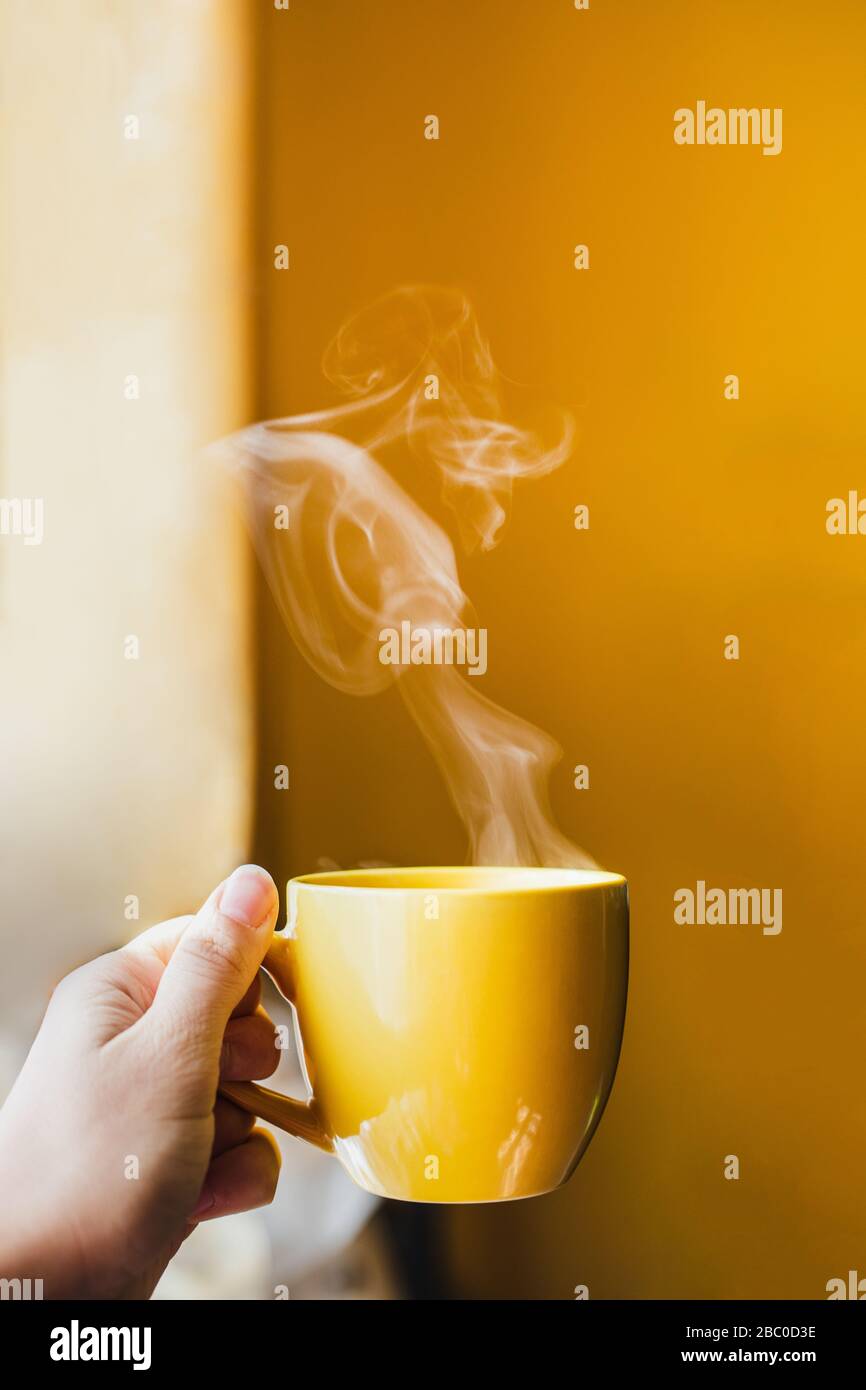 Gelbe Tasse mit heißem Teegetränk in der Hand in der Nähe des Fensters mit hellgelbem Wandhintergrund in wunderschönem Morgenlicht Stockfoto