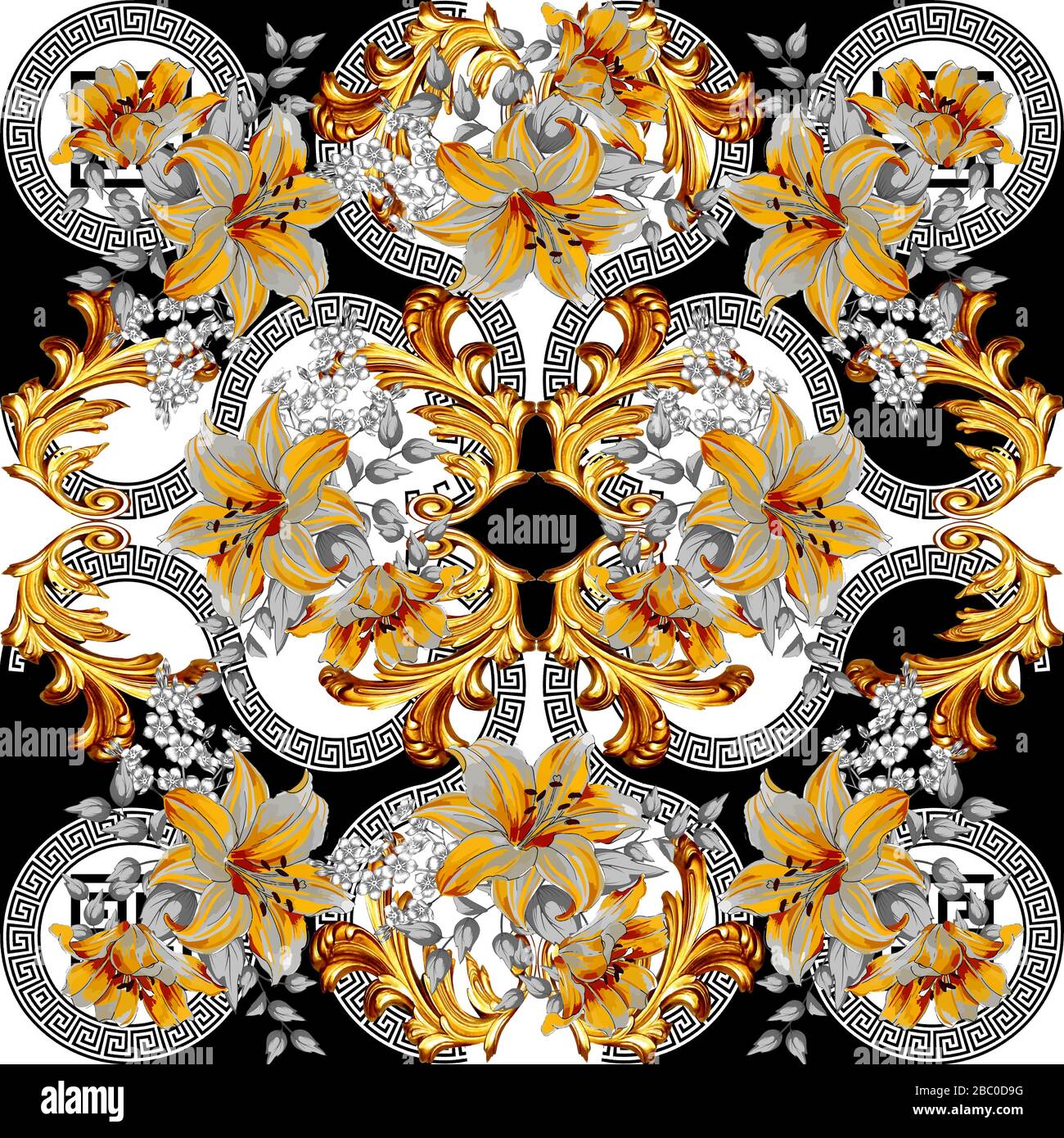 Im Stil des Barock mit kreisrundem griechischen Design, nahtloses Muster Stockfoto