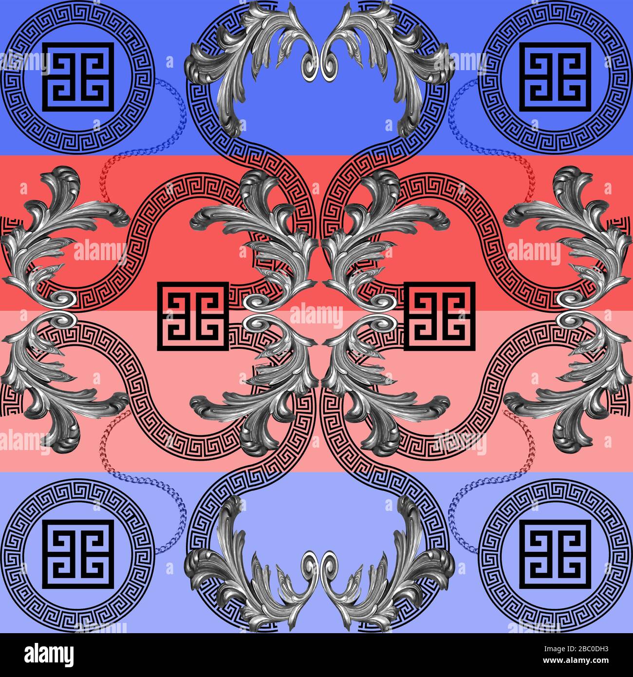 Im Stil des Barock mit kreisrundem griechischen Design, nahtloses Muster Stockfoto