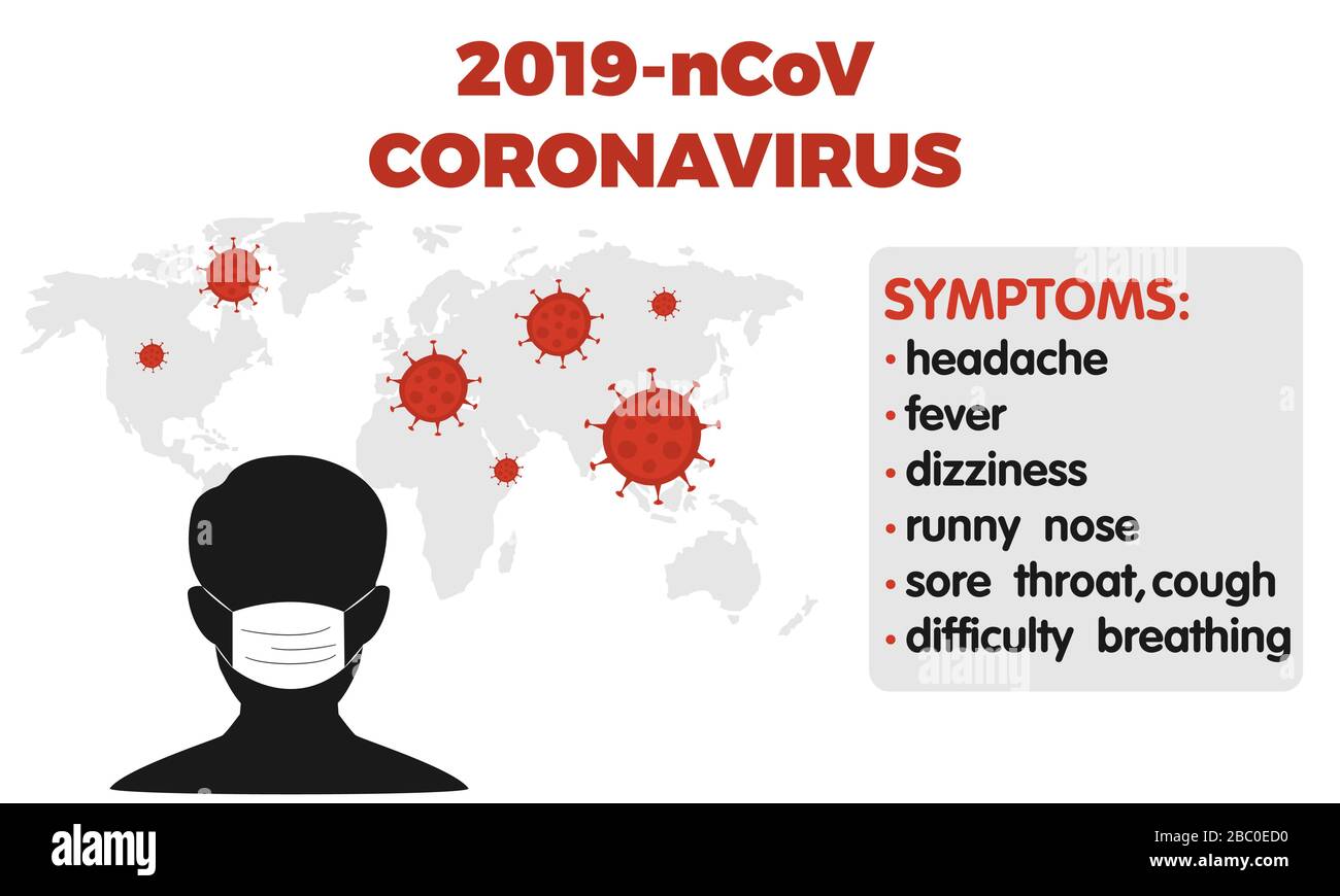 Coronavirus Symptome Infografikelemente. Menschliche Symbole Coronavirus Symptome. Infografiken für Gesundheit und Medikamente. Roman Coronavirus 2019, COV. Stock Vektor