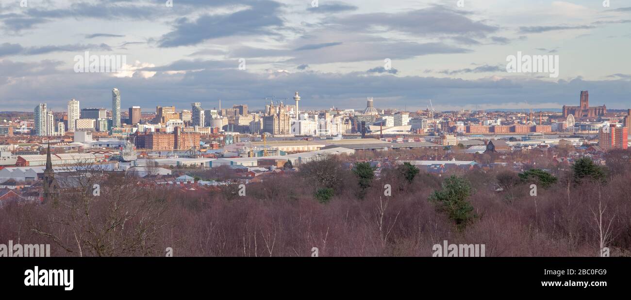 Blick von Bidston Hill, Wirral. Zu den Sehenswürdigkeiten, die in Liverpool zu sehen sind, gehören die drei Graces, das Royal Albert Dock, der Radio City Tower und die beiden Kastellen Stockfoto