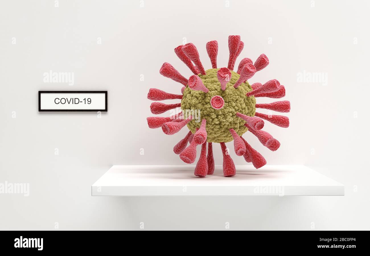 Coronavirus Covid-19-Konzept auf einem Ausstellungsregal - 3D-Rendering Stockfoto