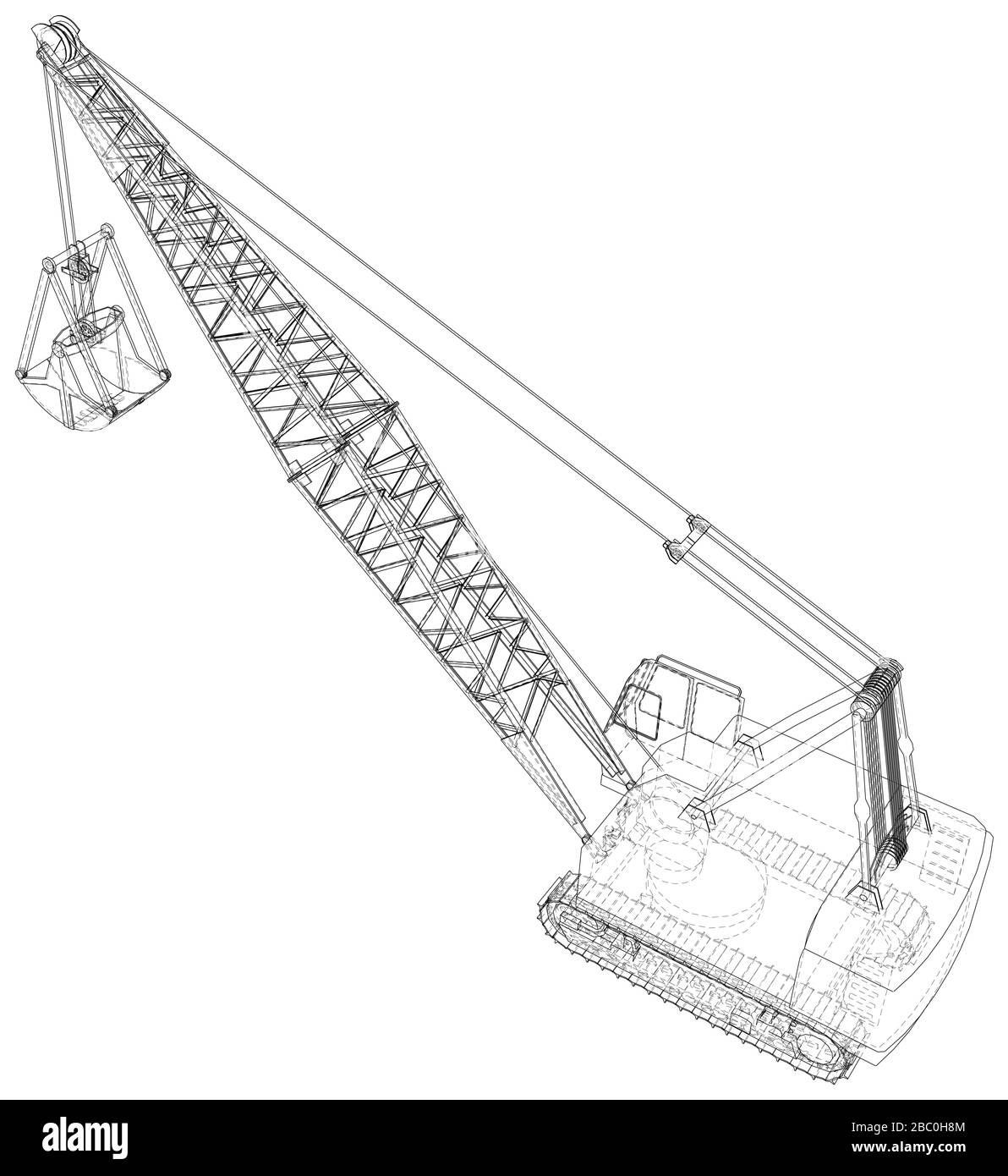 Dragline-Bagger. Isolierter Vektor für Baumaschinen. Schweres Gerätefahrzeug. Die Ebenen der sichtbaren und unsichtbaren Linien werden getrennt. Drahtfrae Stock Vektor