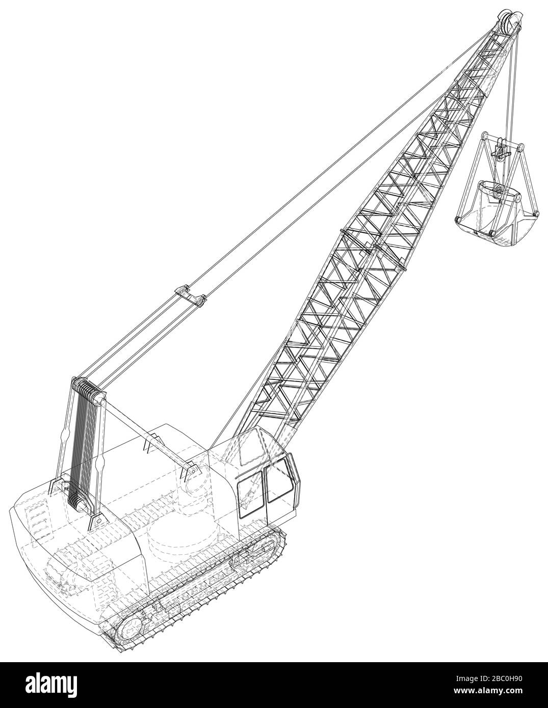 Dragline-Bagger. Isolierter Vektor für Baumaschinen. Schweres Gerätefahrzeug. Die Ebenen der sichtbaren und unsichtbaren Linien werden getrennt. Drahtfrae Stock Vektor