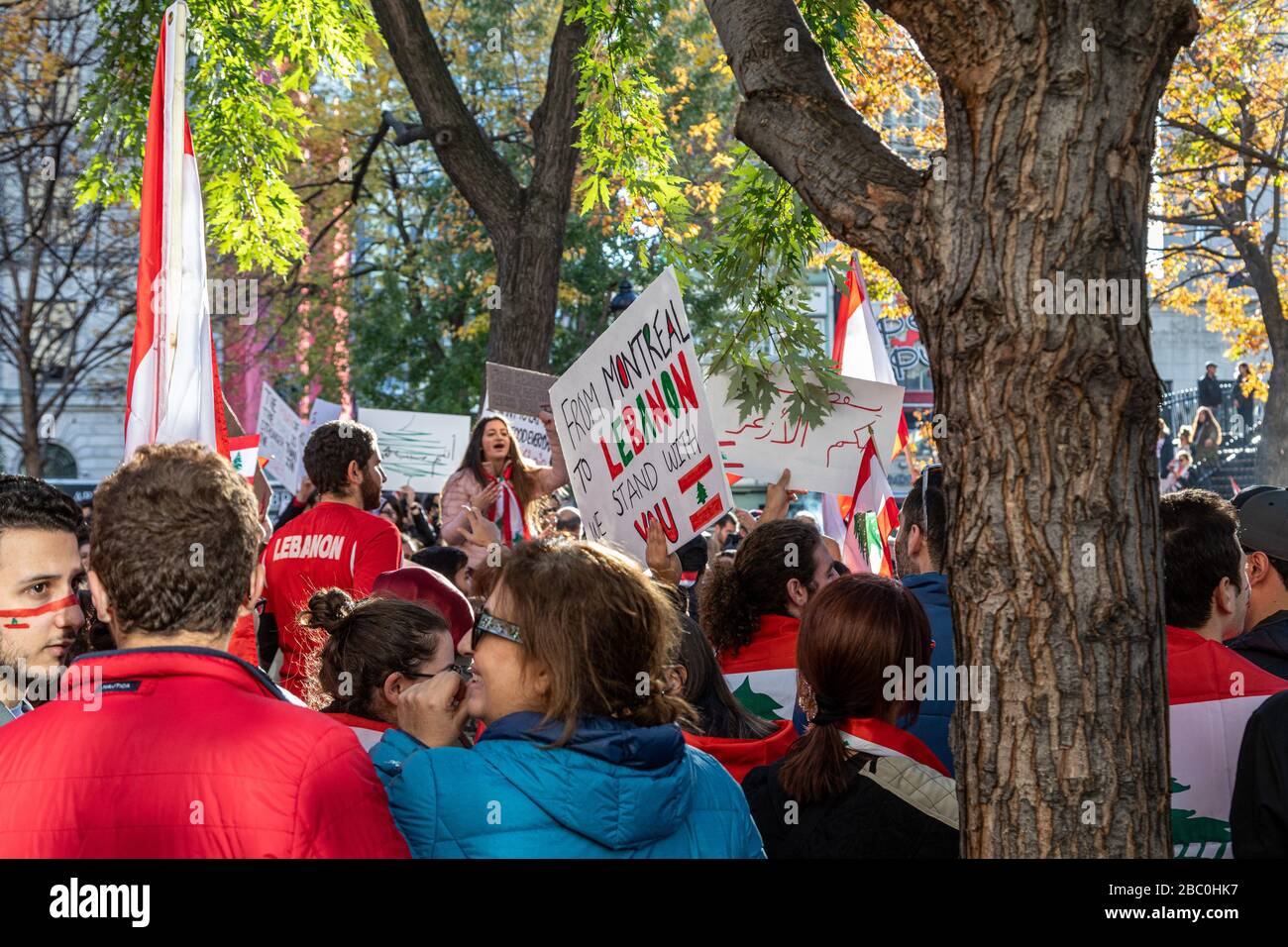 HUNDERTE VON KANADIERN LIBANESISCHER HERKUNFT, DIE DEMONSTRIERTEN, DEN RÜCKTRITT DER LIBANESISCHEN REGIERUNG, DORCHESTER SQUARE, MONTREAL, QUEBEC, KANADA ZU FORDERN Stockfoto