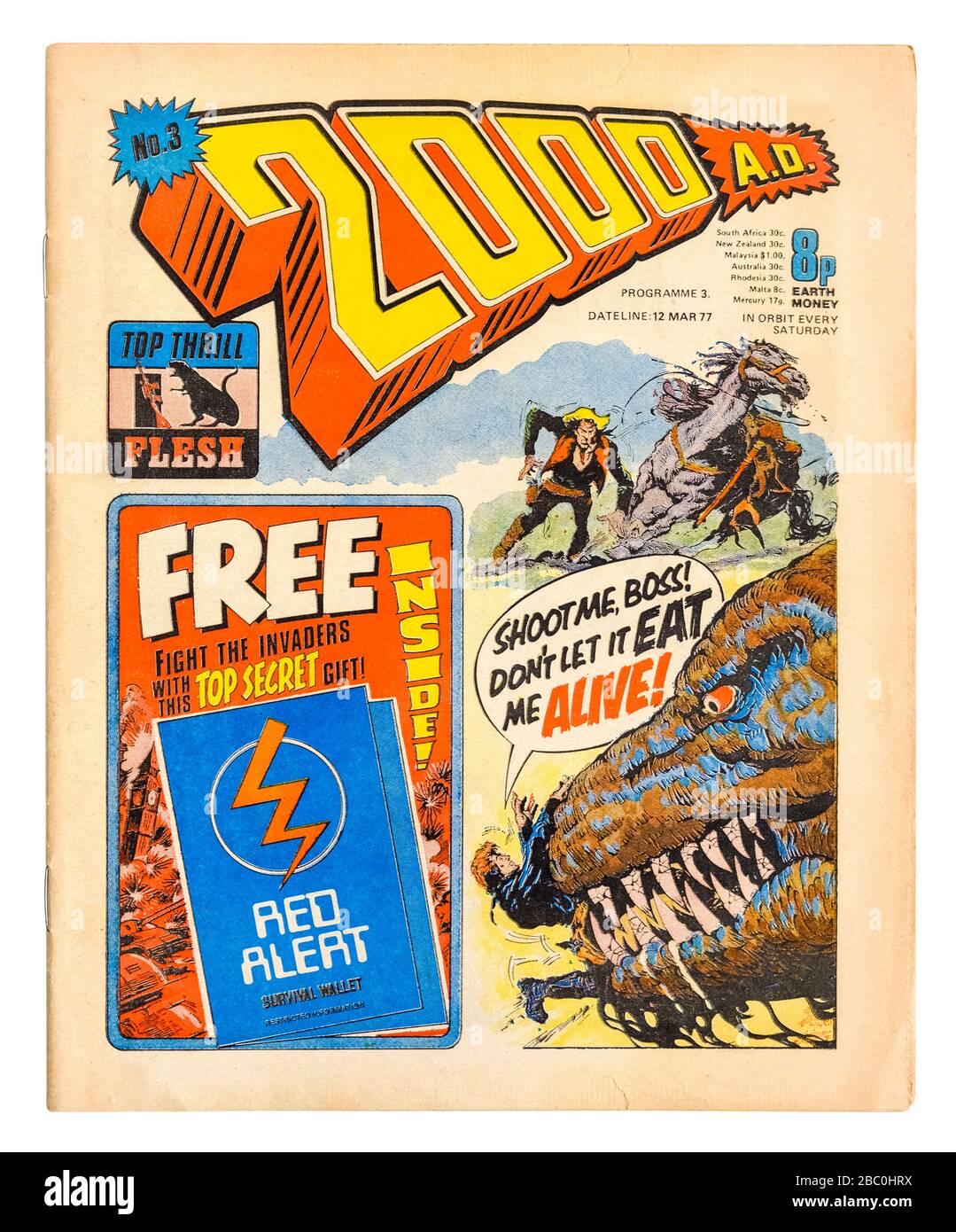 Frühe Kopie (Nr. 3) von "2000 A.D.", dem beliebten britischen wöchentlichen Science-Fiction-Comic aus den 1970er Jahren mit Dan Dare (12. März 1977) Stockfoto