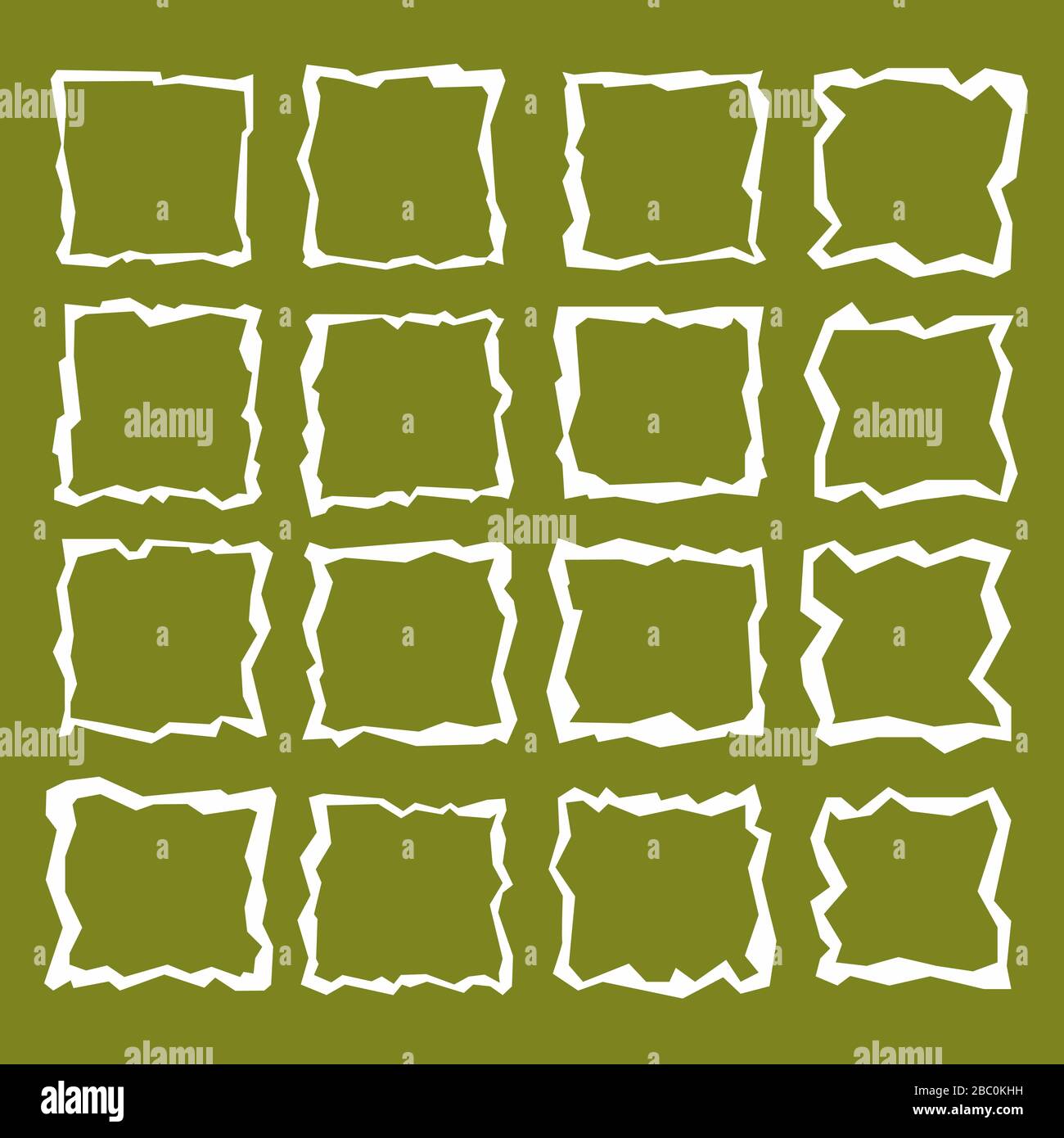Quadratischer Fensterrahmen. Unregelmäßige unterbrochene Linie. Weiß auf grünem Hintergrund. Knicke, verformte quadratische Rahmen. Primitiver flacher Stil, aus Papier geschnitten. Anders Stock Vektor