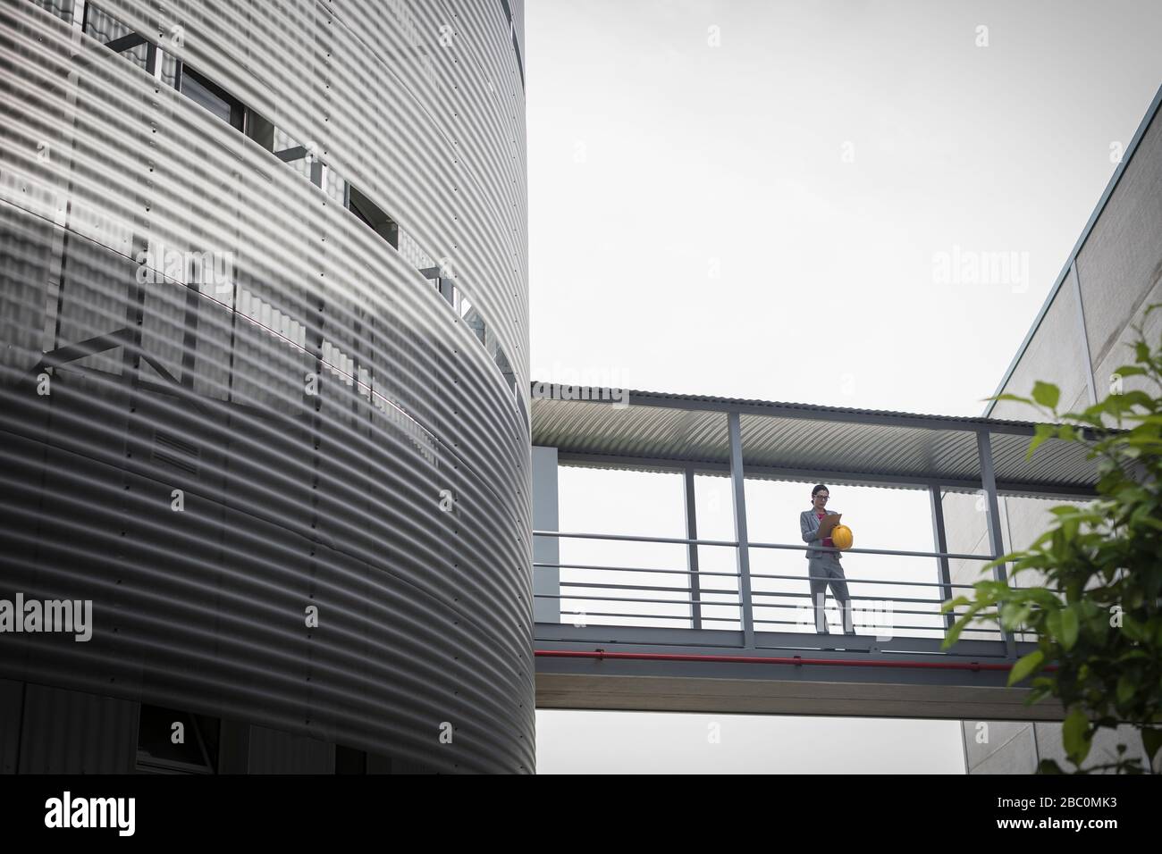 Weibliche Aufsichtsperson, die auf einem erhöhten Gehweg zwischen den Fabrikgebäuden steht Stockfoto