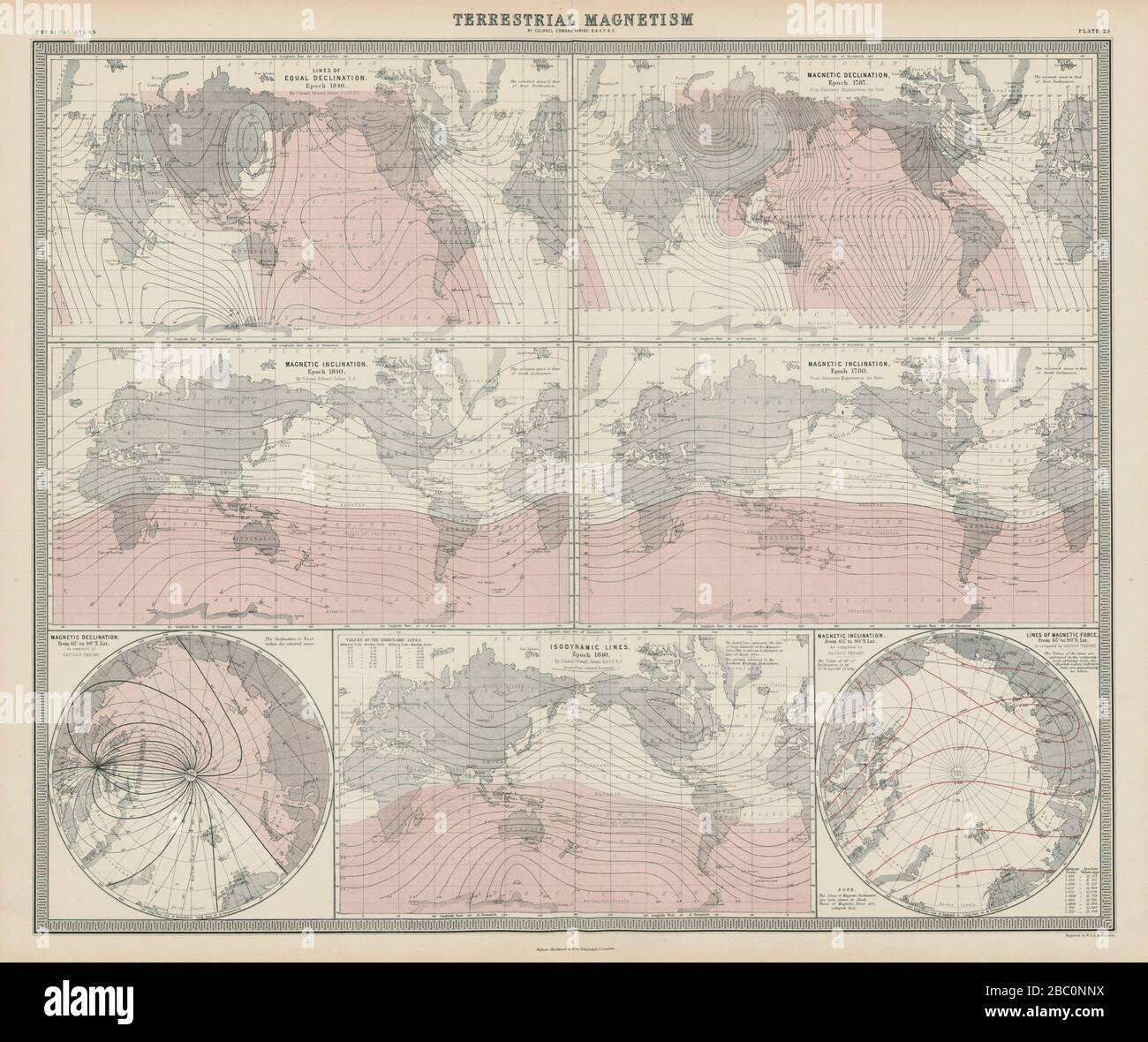 Terrestrischer Magnetismus. Deklination. Inklination isodynamic im Jahr 1840, Karte von 1856 Stockfoto