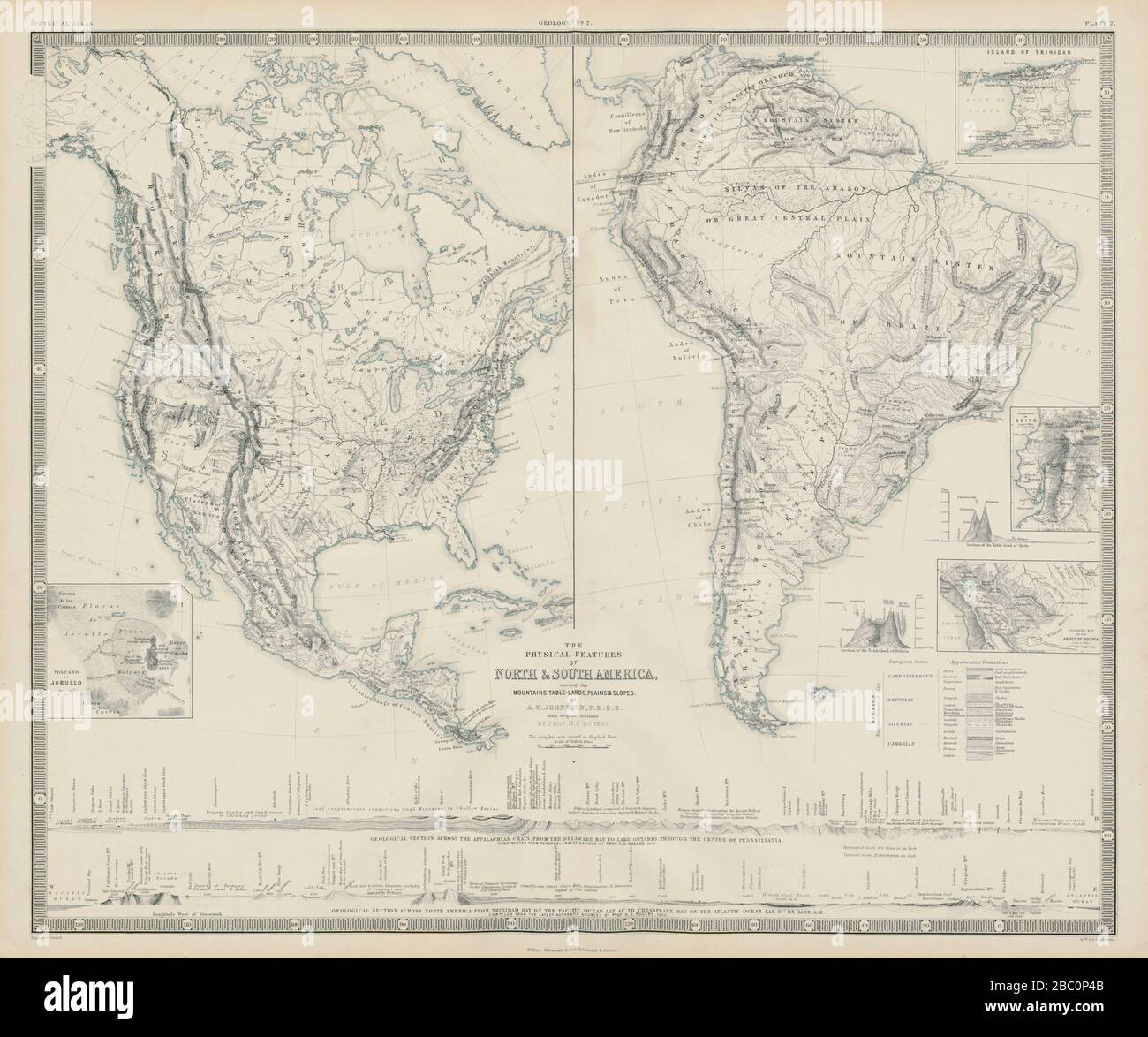 Physische Merkmale von Nord- und Südamerika. Berge Flüsse Abschnitte 1856 Karte Stockfoto