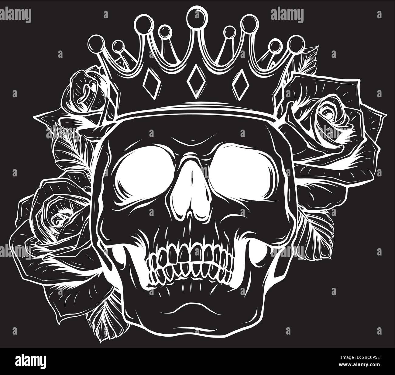 Vektor-Illustration Totenkopfes in Krone mit Rosen im schwarzen Hintergrund Stock Vektor