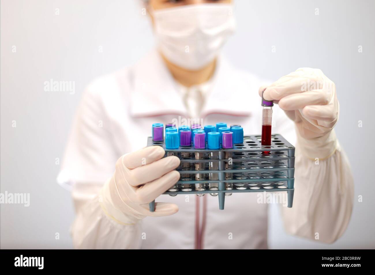 Hilfe oder Arzt mit Maske und Handschuhen, die einen Rechen von Röhrchen mit medizinischer Analyse, Blod, Plasma halten. Chemische Analysemethoden. Stockfoto