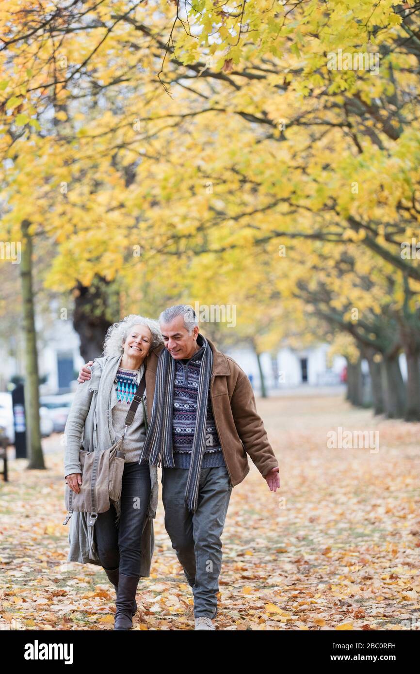 Liebevolles Senioren-Paar, das im Herbstpark zwischen Bäumen und Blättern spaziert Stockfoto
