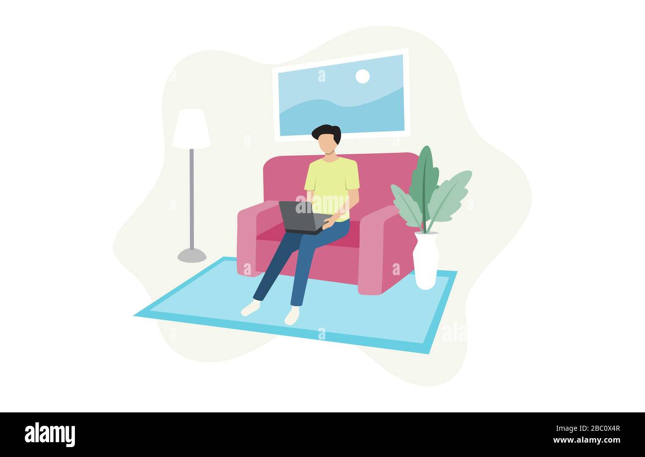 Männer sitzen auf einem Sofa mit Laptop im Wohnzimmer. Abbildung zum Arbeiten von zu Hause aus Stockfoto