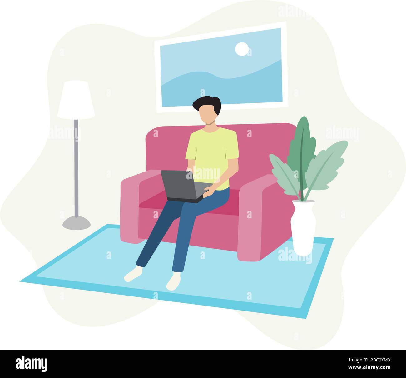 Männer sitzen auf einem Sofa mit Laptop im Wohnzimmer. Abbildung zum Arbeiten von zu Hause aus Stock Vektor