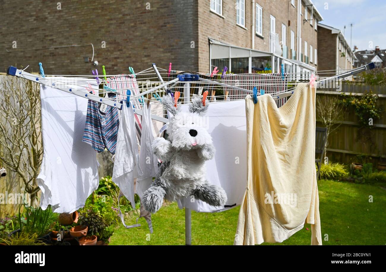 Wasserflasche Hundedeckel tun auf einer rotierenden Wäscheleine während im Wind im Garten UK Stockfoto