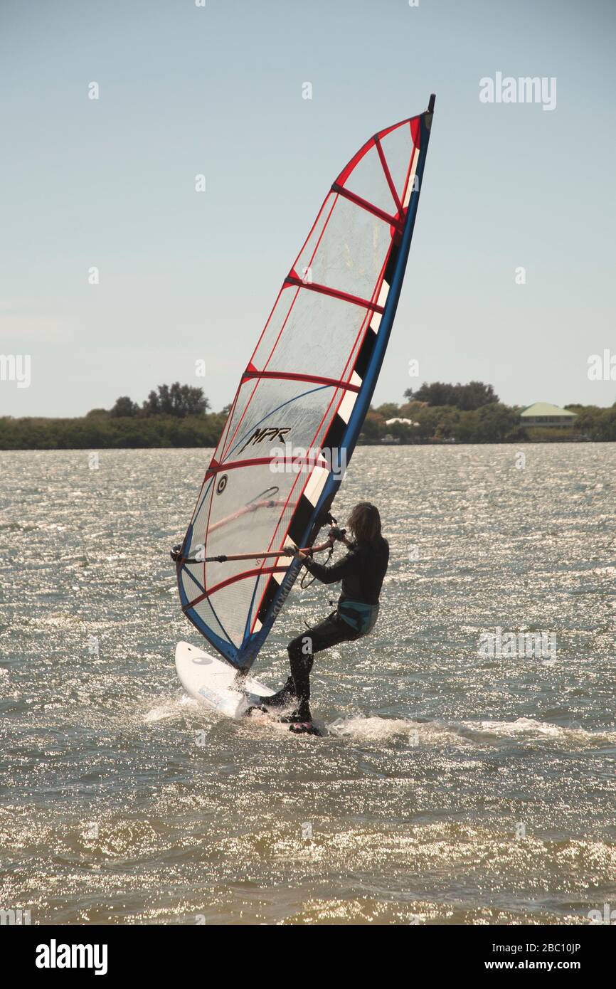 Susan Greenhalgh aus South Burlington, Vermont, fährt auf Segelbotern auf Lemon Bay in Englewood, Florida, USA. Sie und andere Segler nutzten Stockfoto