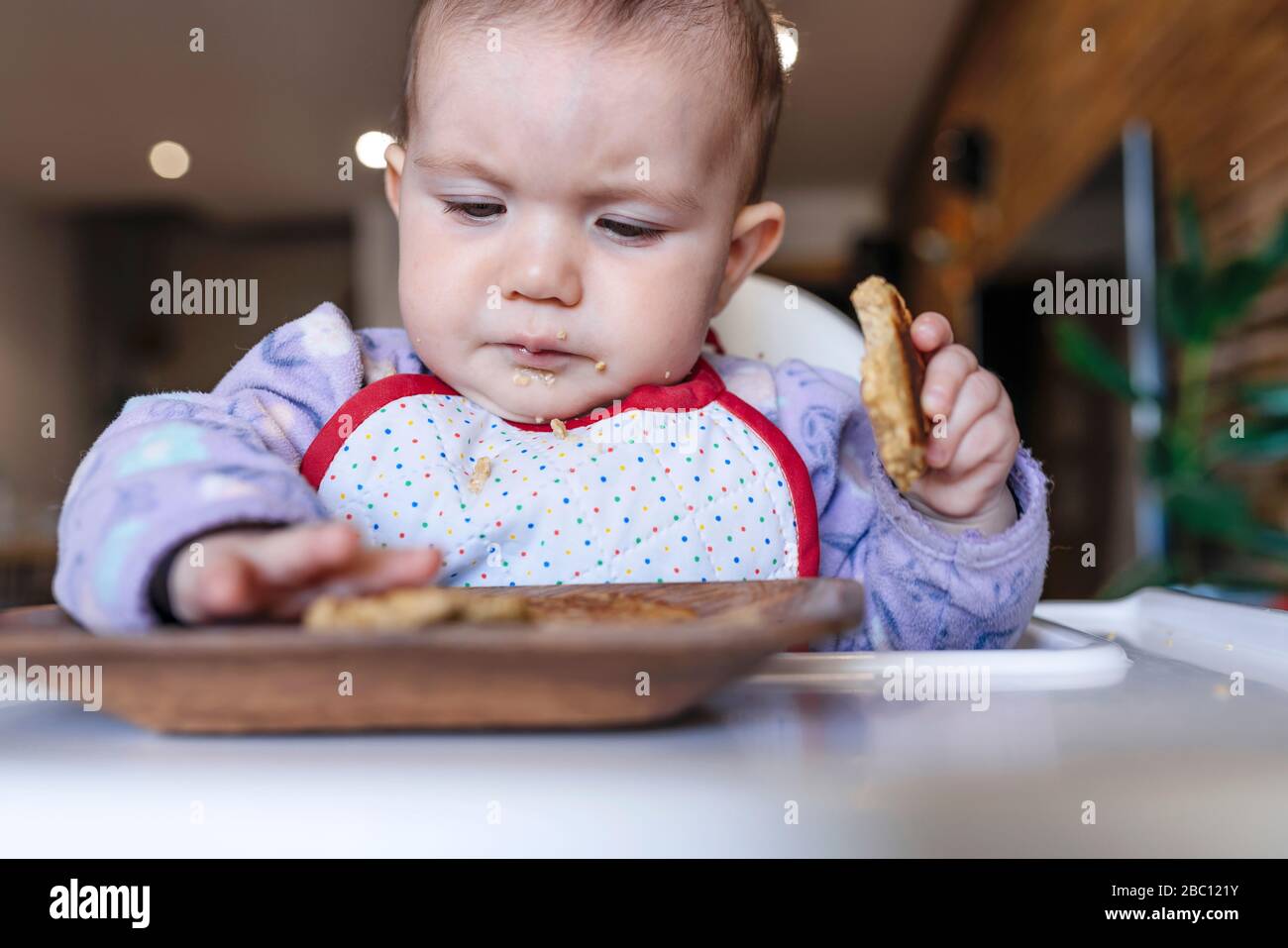 Portrait von Baby Mädchen sitzt im Hochstuhl essen hausgemachte Haferflocken Cookies mit den Händen Stockfoto