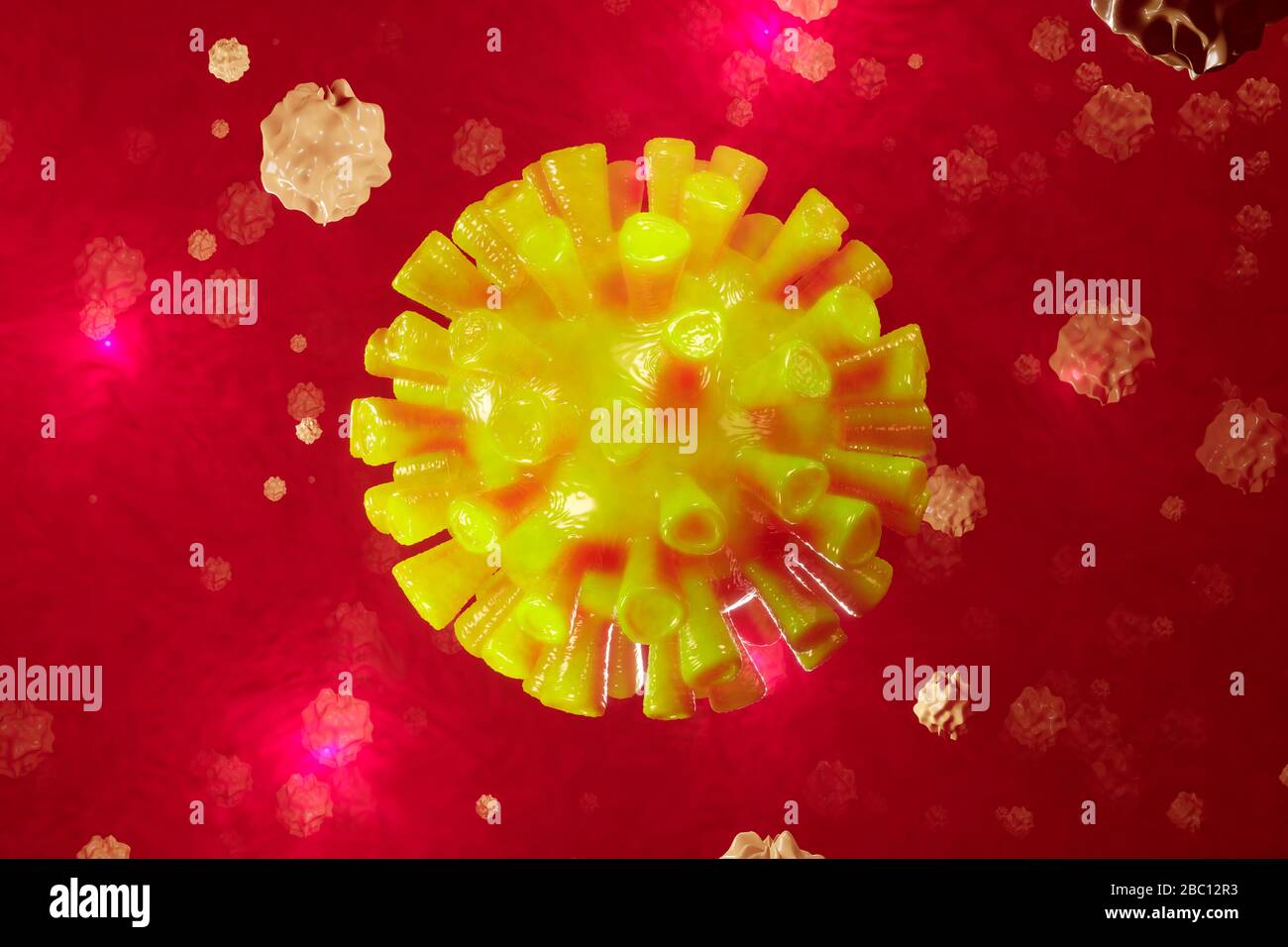 3D-Darstellung eines Corona-Virus, umgeben von weißen Blutkörperchen Stockfoto
