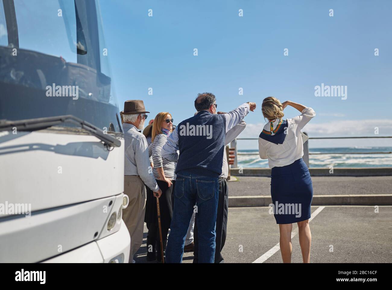Reiseleiter und aktive Seniorentouristen, die den Ozean vor dem Tourbus betrachten Stockfoto