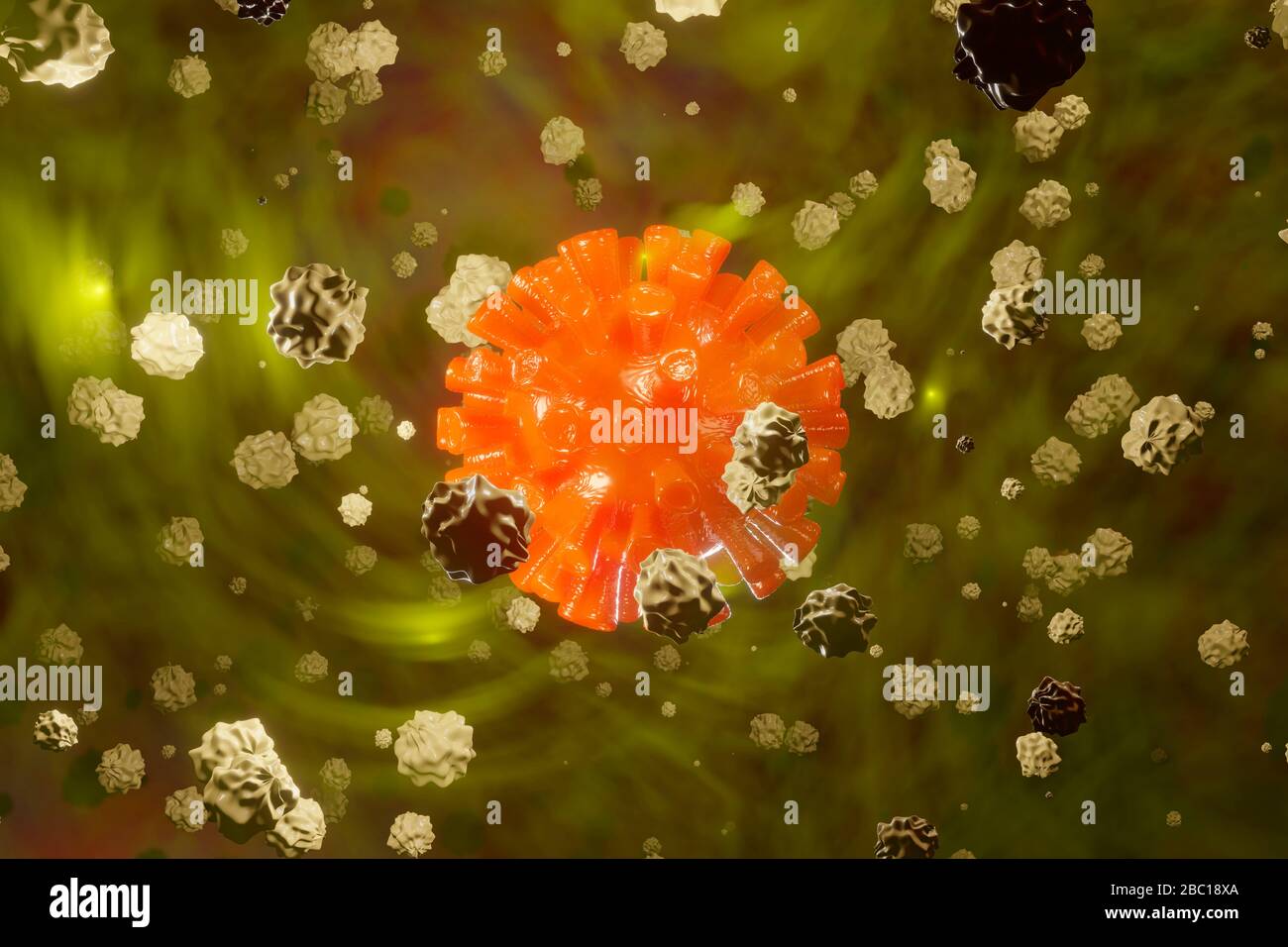 3D-Darstellung eines Corona-Virus, umgeben von weißen Blutkörperchen Stockfoto