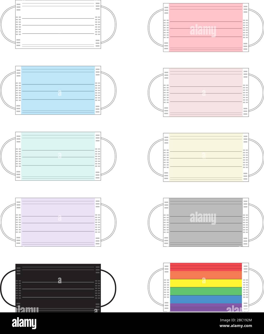 10 Gesichtsmaskendesigns Illustration enthält Farben in Rosa, Baby-Blau, Weiß, Zitronengelb, Regenbogenfarbe, Schwarz und mehr Stock Vektor
