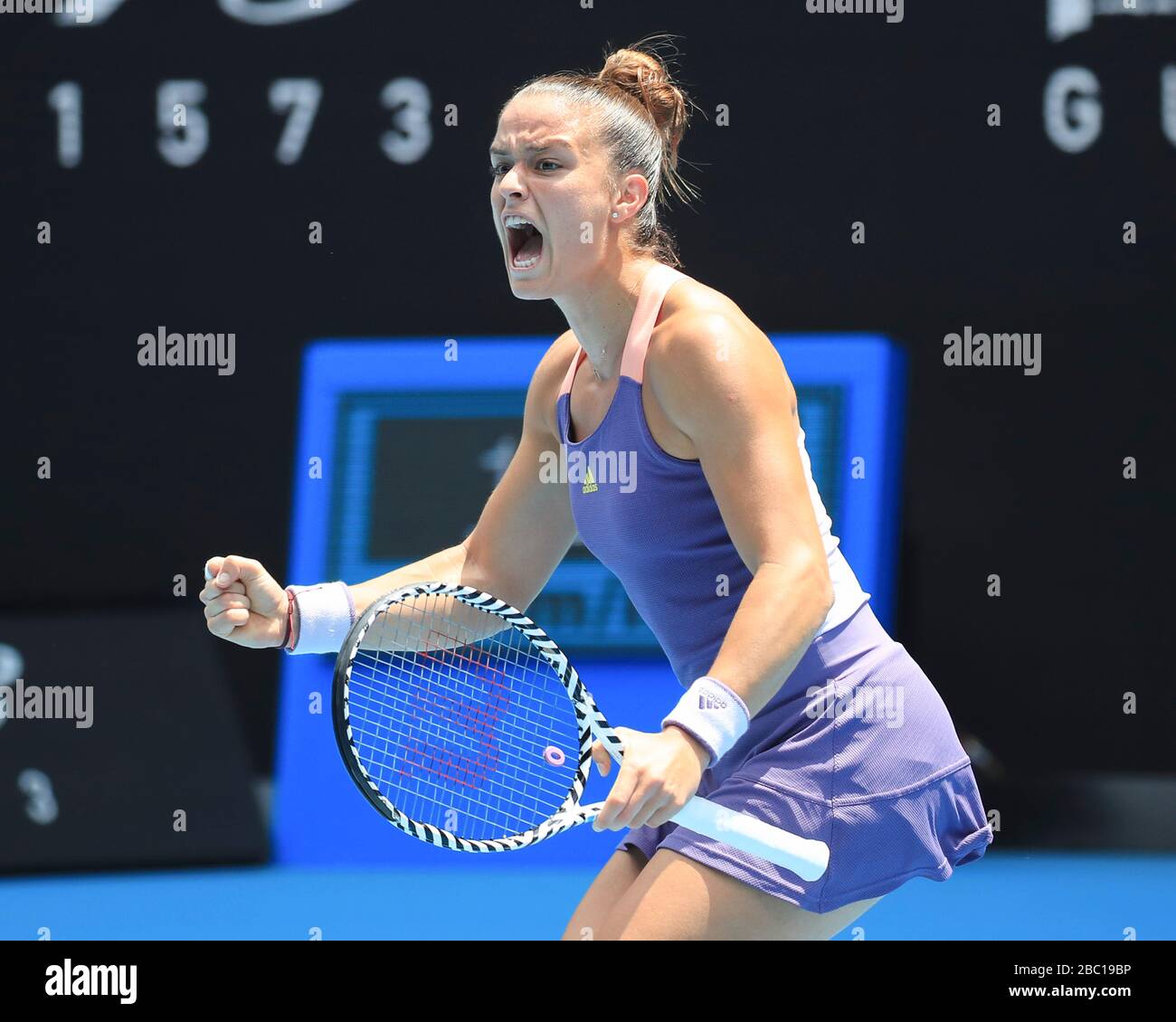 Die griechische Tennisspielerin Maria Sakkari macht beim Dameneinzel im Australian Open 2020 Tennis Tournament, Melbourne Park, M einen Faust und Jubel Stockfoto