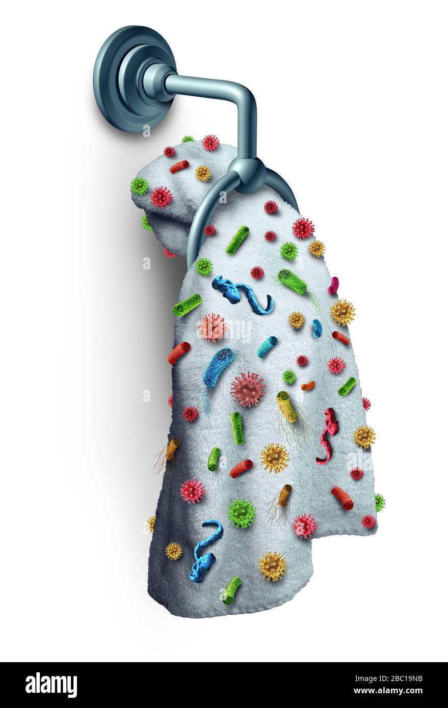 Ansteckende Krankheit auf Handtuch, die infektiöse Keime in der Öffentlichkeit verbreitet, als Gesundheitsrisiko-Konzept als schmutzig infiziertes Handtuch mit mikroskopischen Viren. Stockfoto