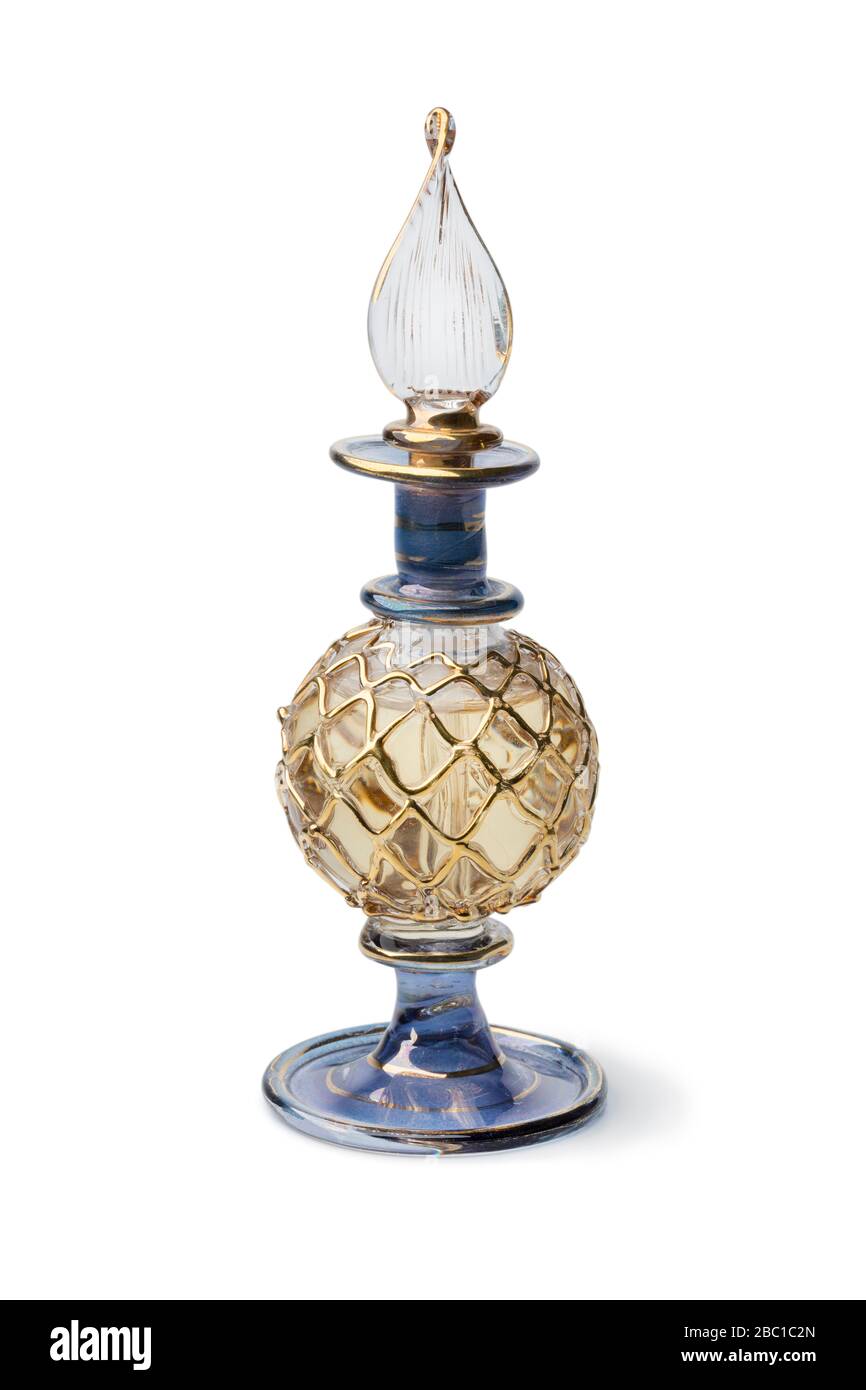 Traditionelle arabische, handgefertigte Parfüm-Flasche isoliert auf weißem Hintergrund Stockfoto