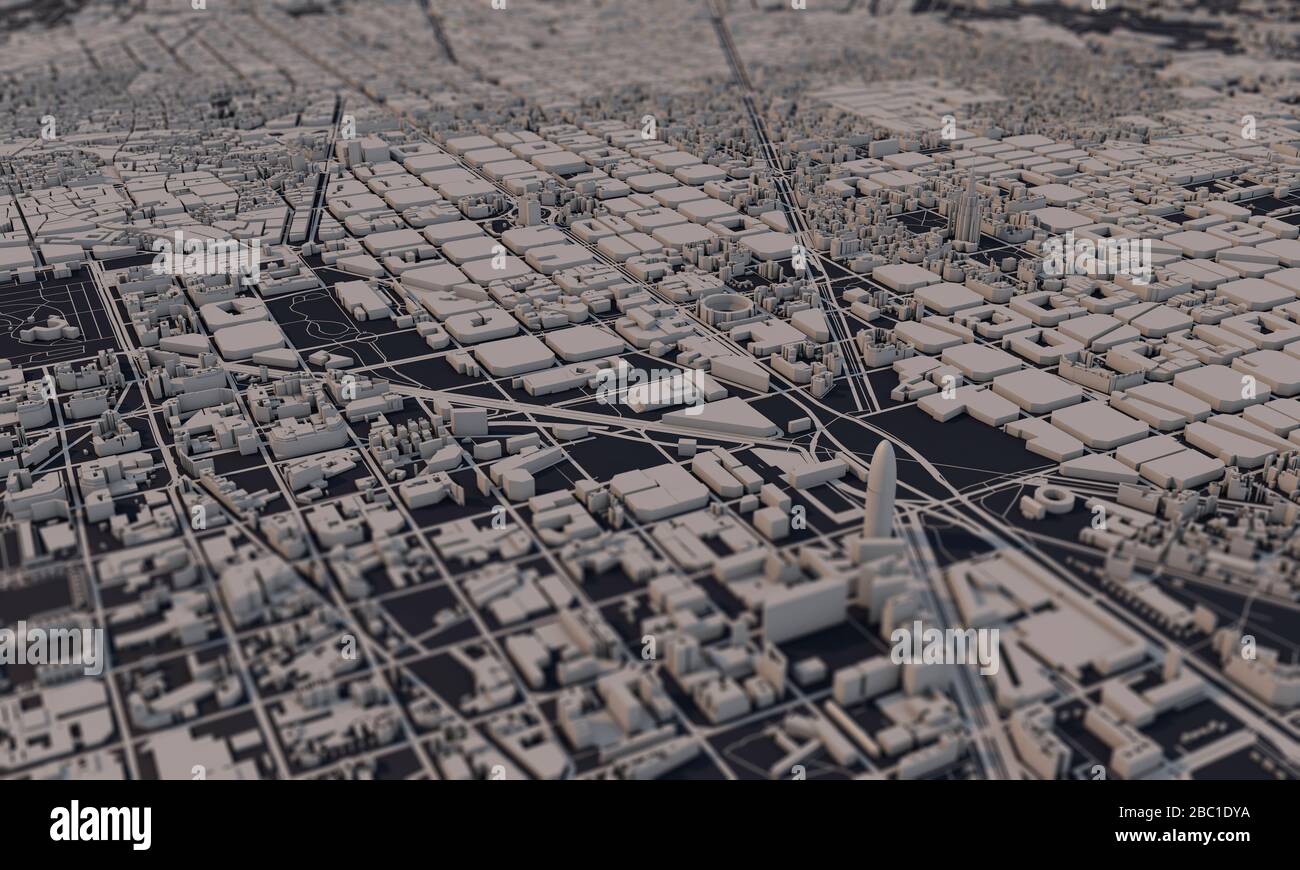 Barcelona, Spanien Stadtplan 3D Rendering. Satellitenansicht der Antenne. Stockfoto