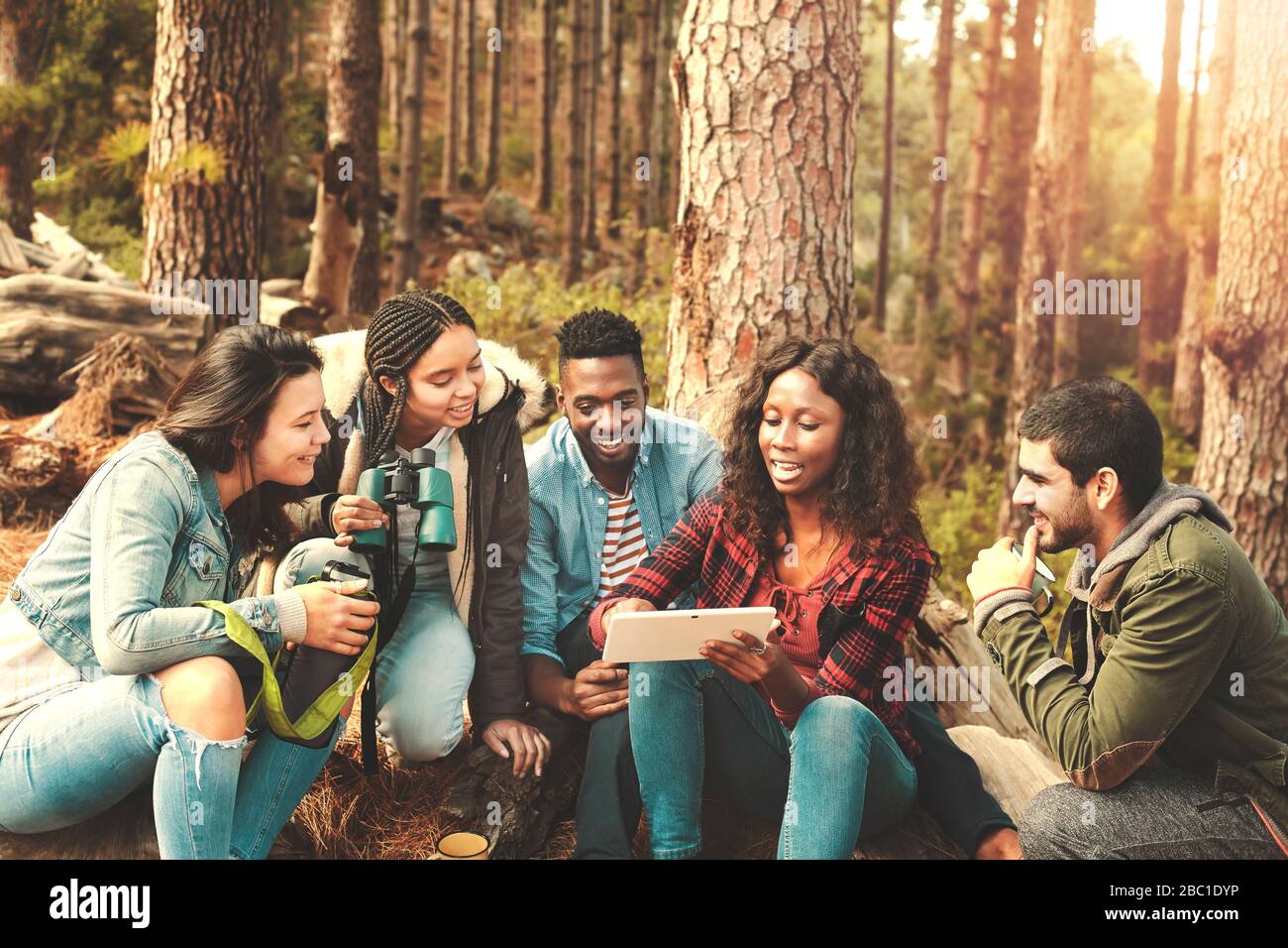 Junge Freunde verwenden digitales Tablet im Wald Stockfoto