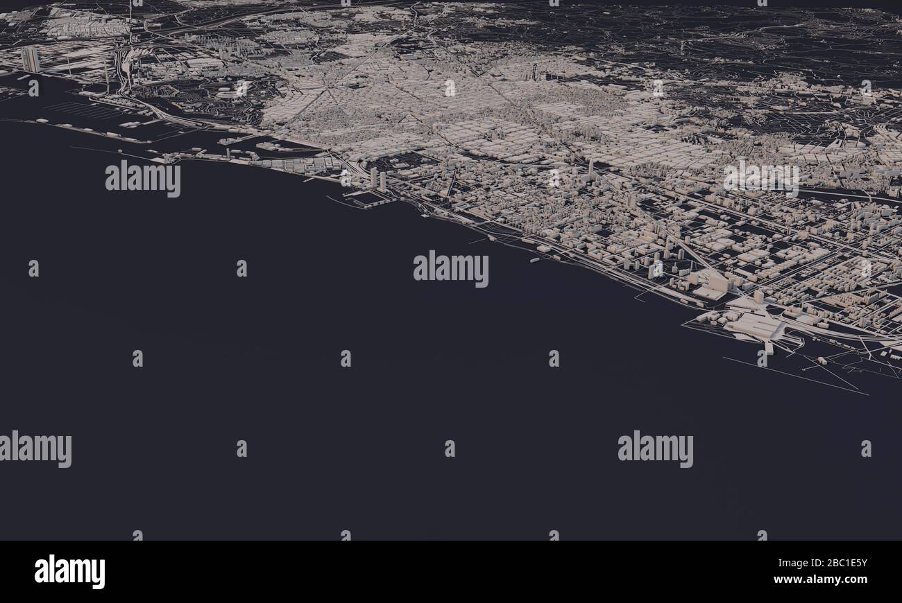 Barcelona, Spanien Stadtplan 3D Rendering. Satellitenansicht der Antenne. Stockfoto