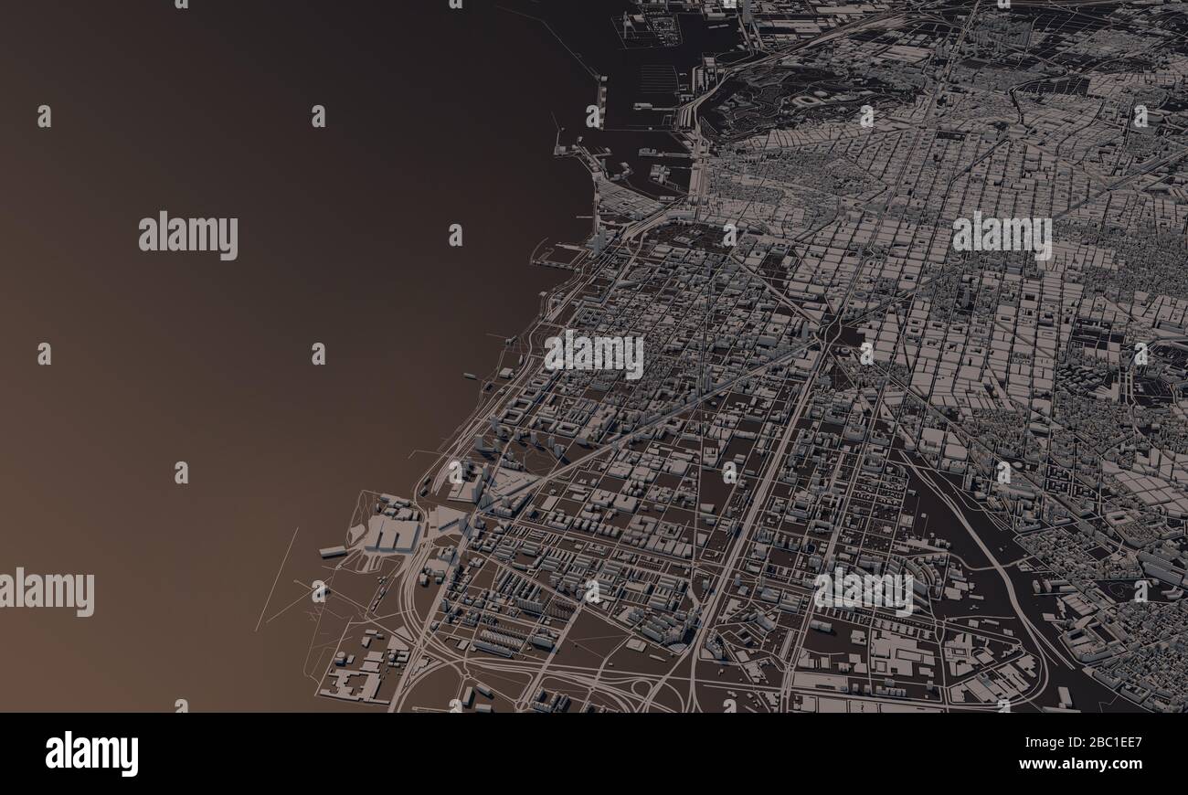 Barcelona, Spanien Stadtplan 3D Rendering. Satellitenansicht der Antenne. Stockfoto