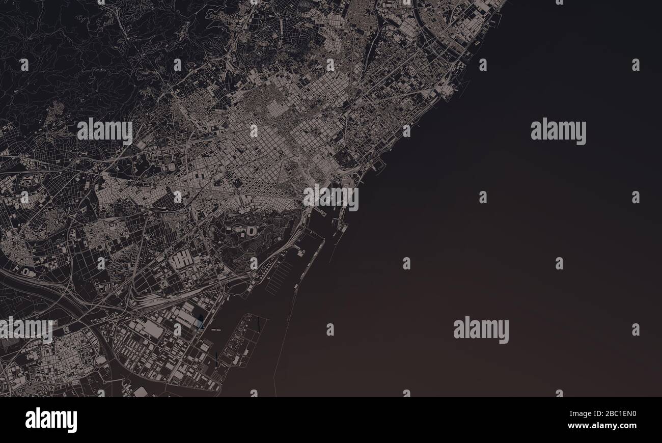 Barcelona, Spanien Stadtplan 3D Rendering. Satellitenansicht der Antenne. Stockfoto